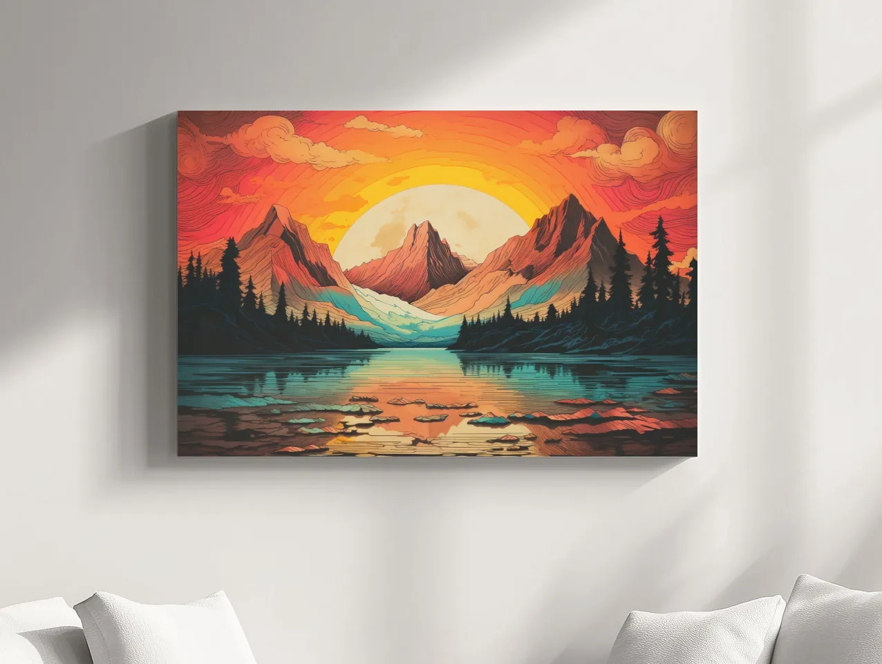 Vibrant Retro Alpine Lake Sunset - Stylized Mountain Wall Art