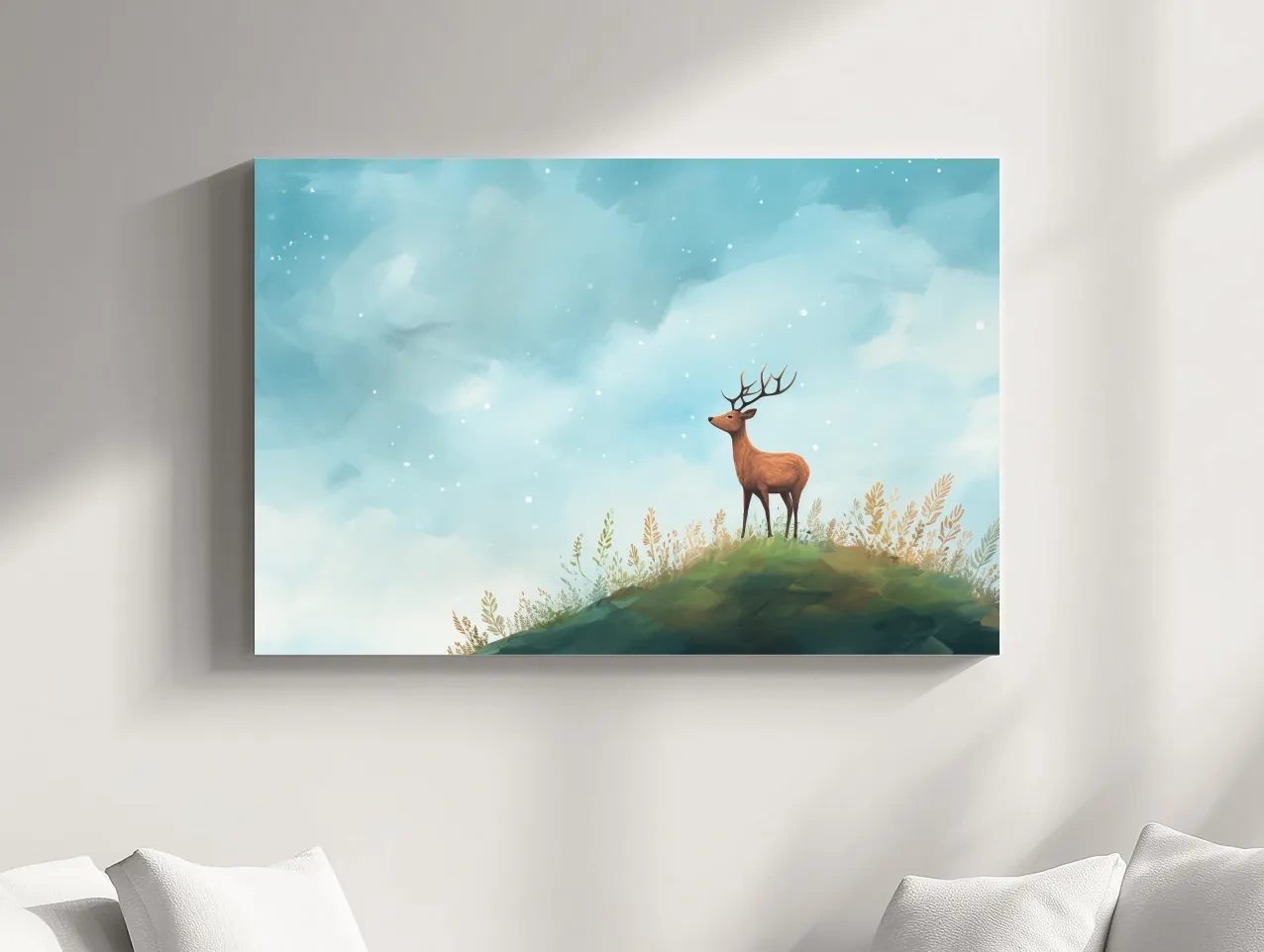 Whimsical Watercolor Stag On Meadow Hill - Nursery Woodland Wildlife Wall Art