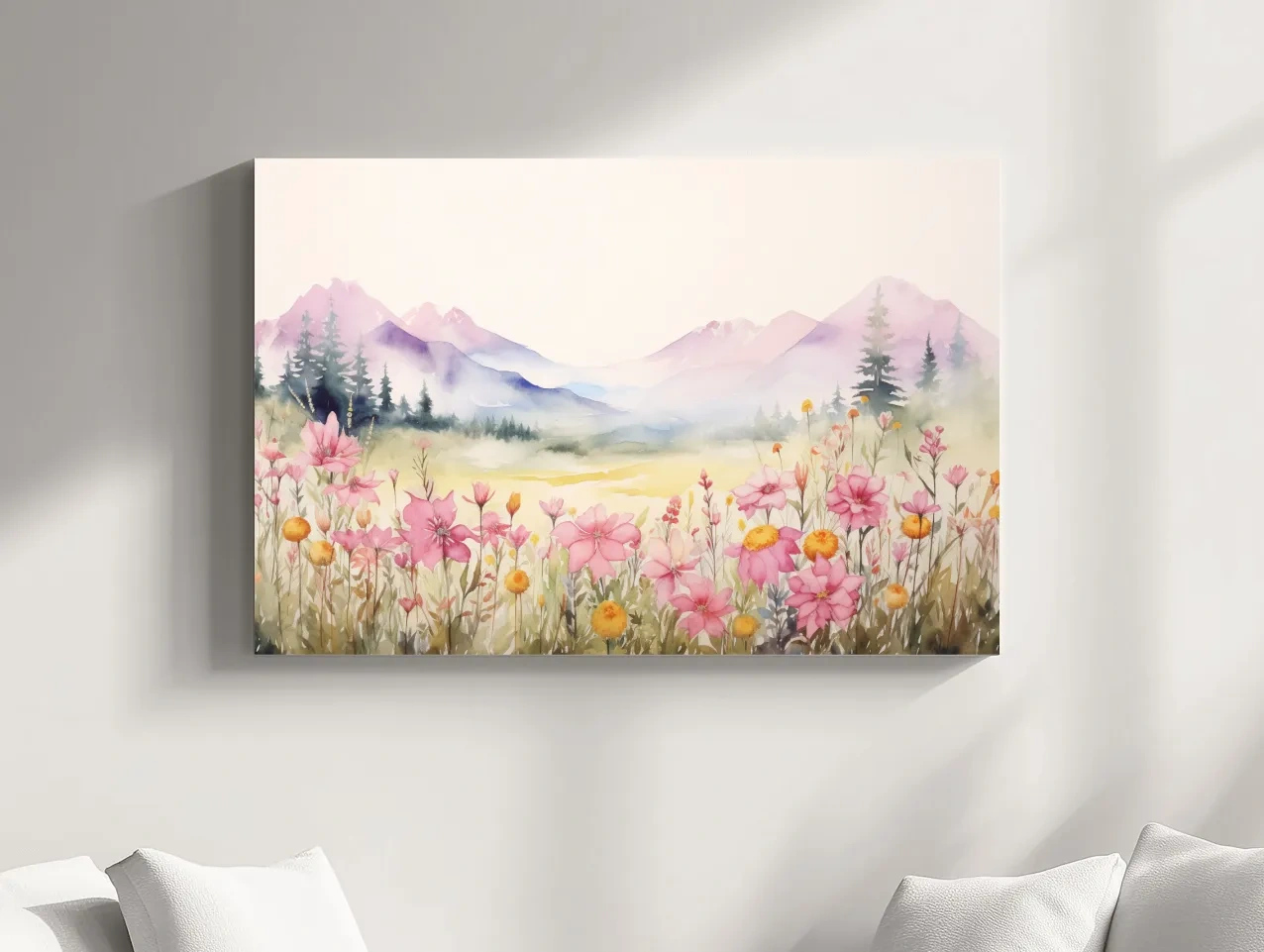 Pastel Wildflower Meadow Mountains Watercolor - Serene Alpine Wall Art