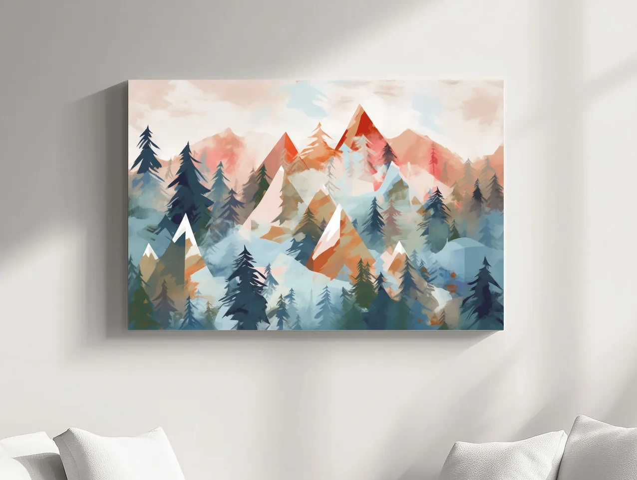 Pastel geometic alpine forest mountain painting