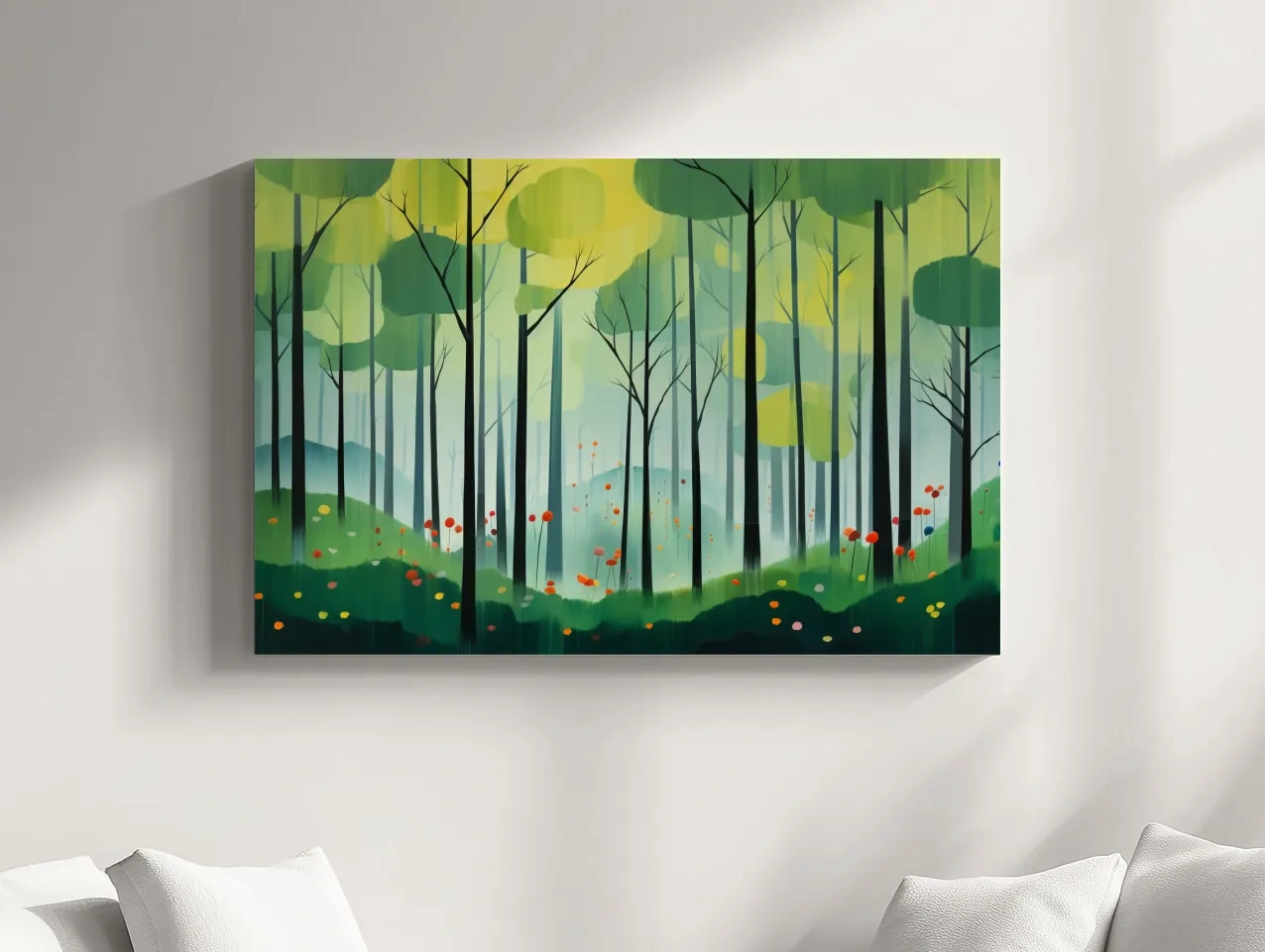 Painting of a bright green forest