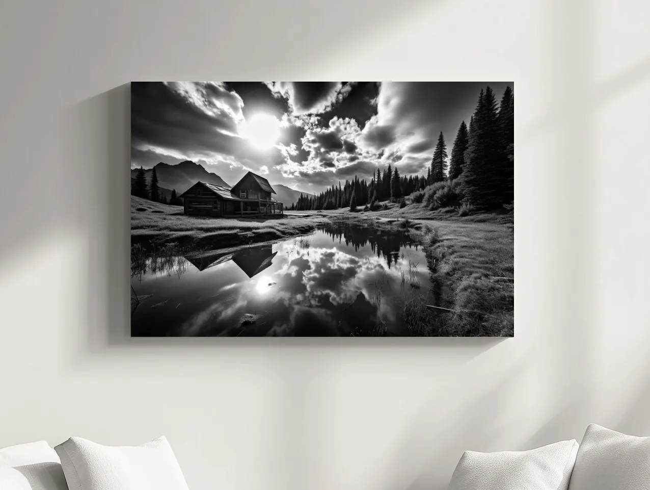 Moody Black And White Mountain Cabin Reflection - Dramatic Alpine Landscape Photography Wall Art