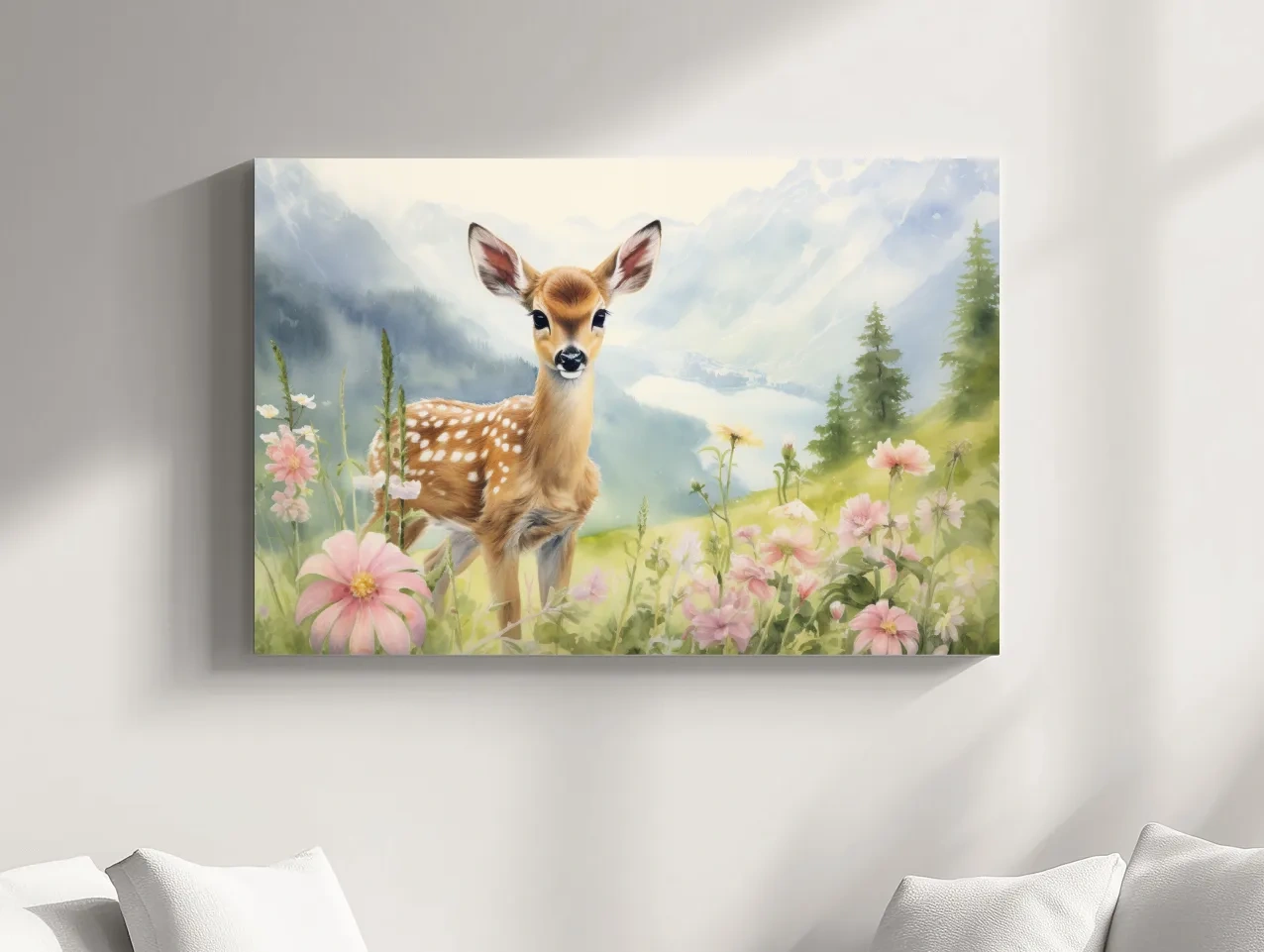 Watercolor Fawn In Wildflowers - Pastel Alpine Meadow Nursery Wall Art