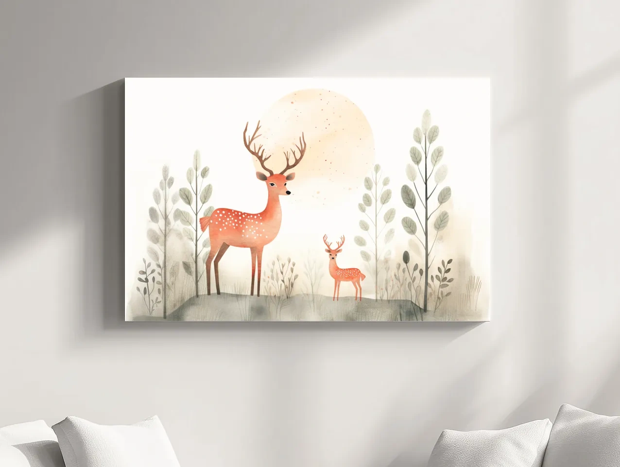Whimsical Watercolor Deer Family Illustration - Scandinavian Nursery Forest Wall Art