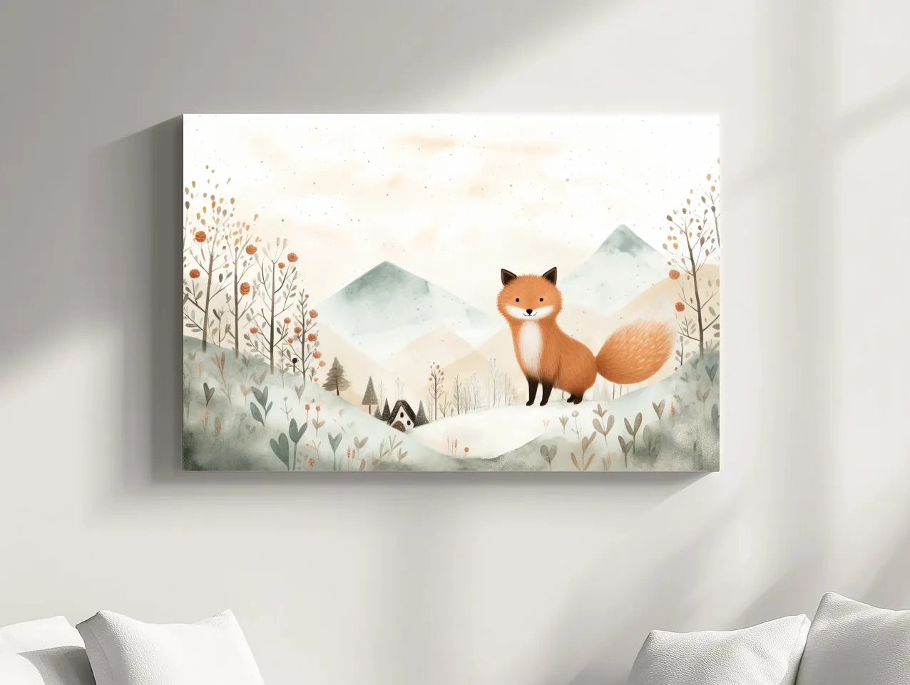 Whimsical Watercolor Fox In Pastel Mountains - Cute Nursery Animal Wall Art