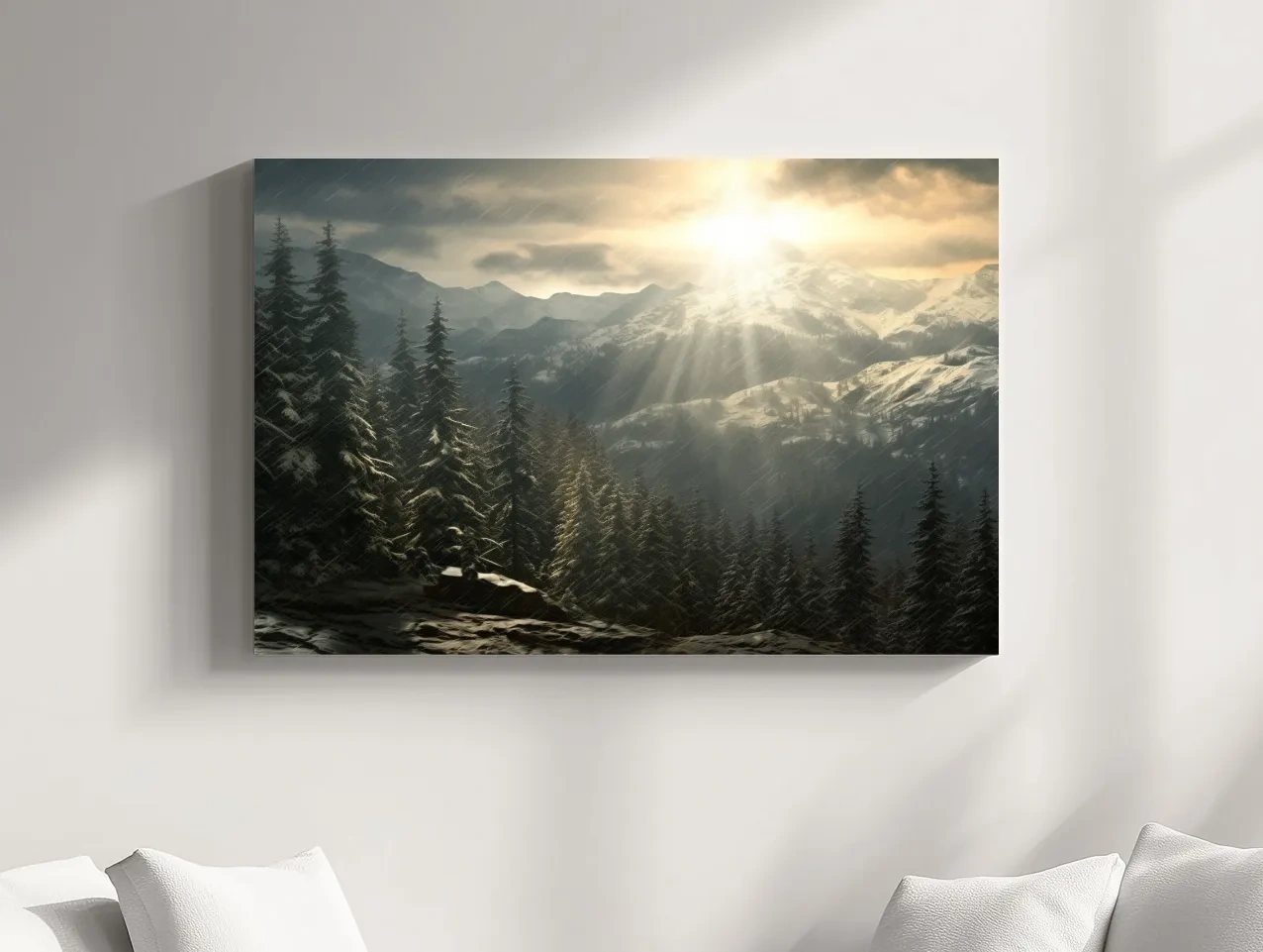 Sunset snowstorm, realistic snow mountain painting