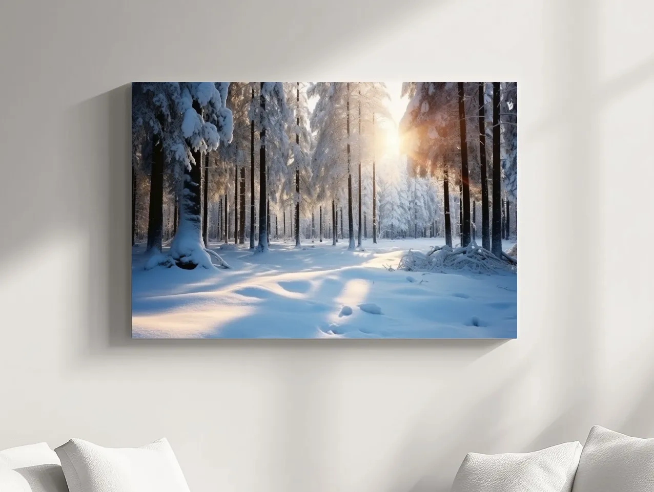 Sunlit Snowy Pine Forest Landscape - Serene Winter Nature Wall Art