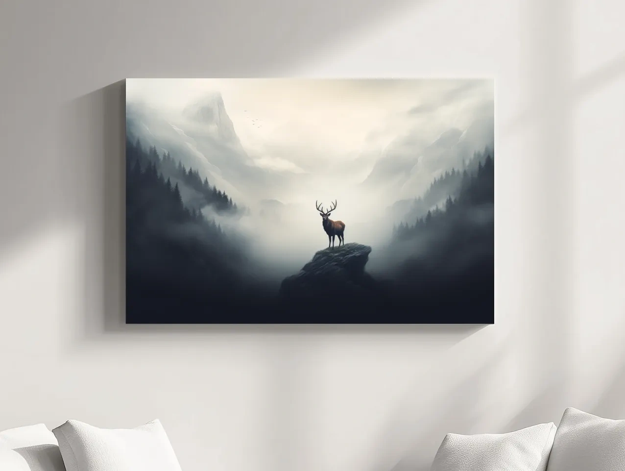 Majestic Stag On Rocky Peak - Misty Mountain Forest Wall Art
