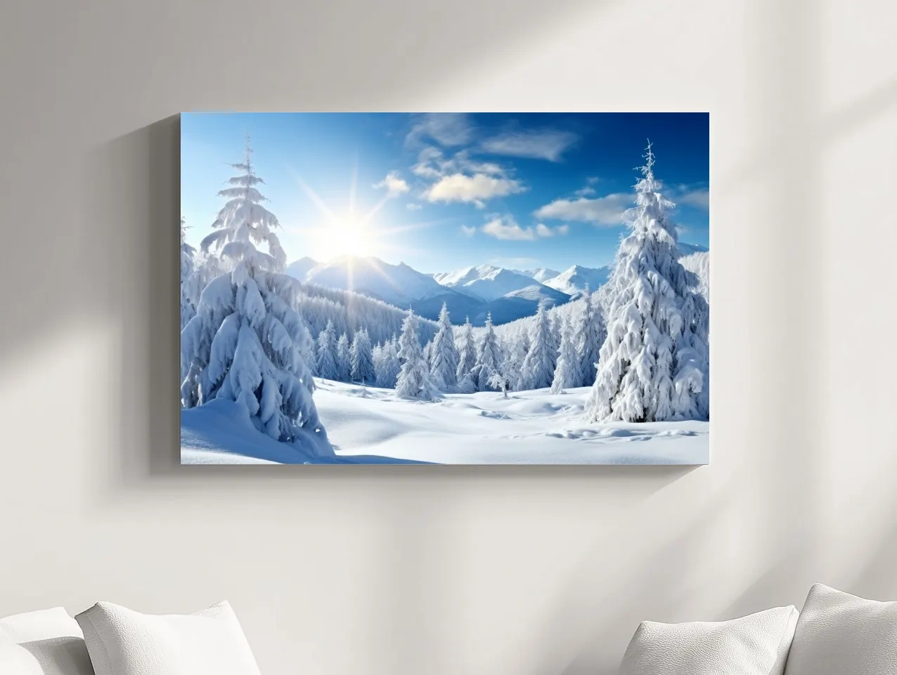 Sunlit Snowy Mountain Winter Landscape - Photographic Alpine Forest Wall Art