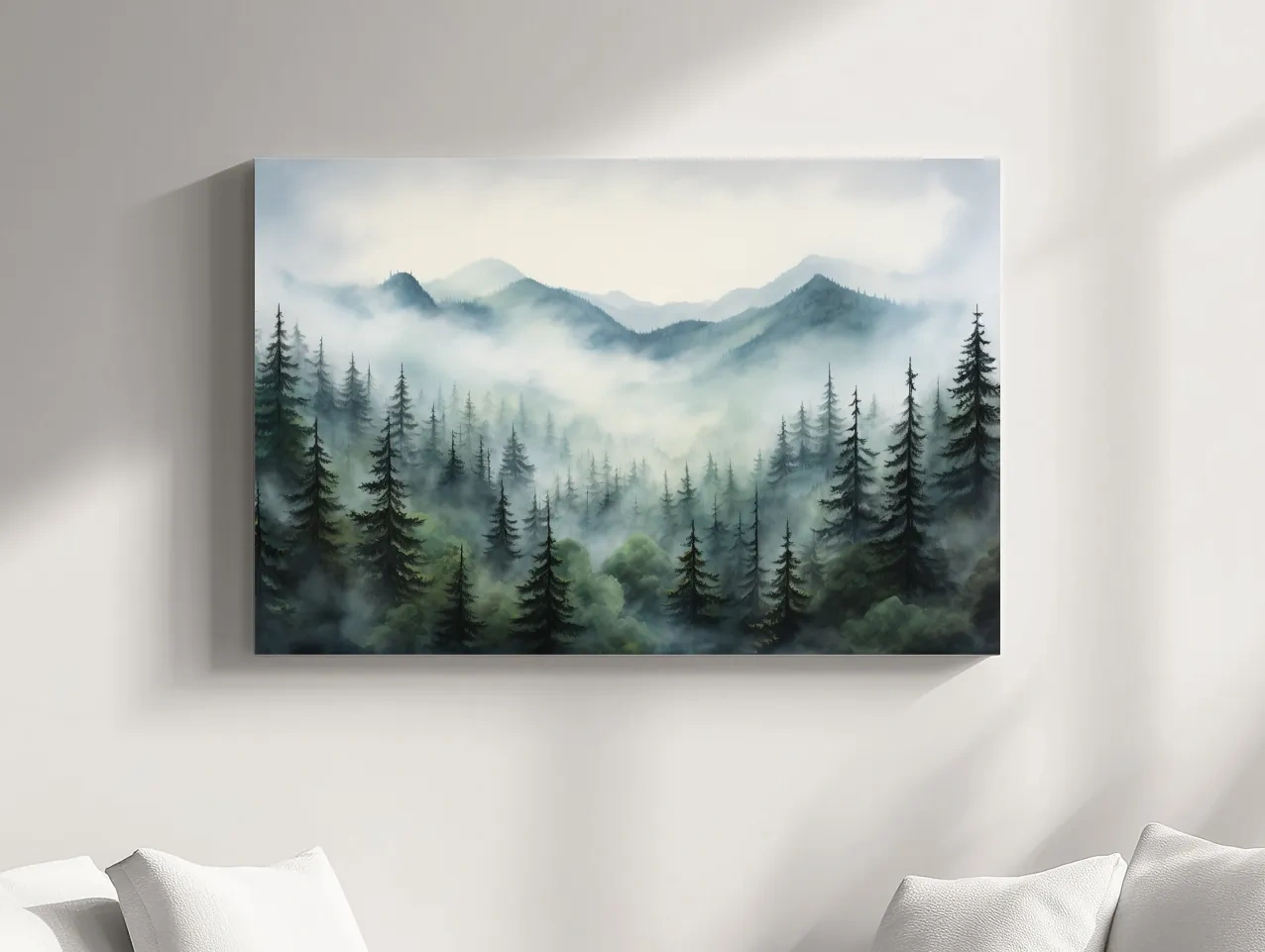 Misty Alpine Forest Painting - Foggy Mountain Landscape Art