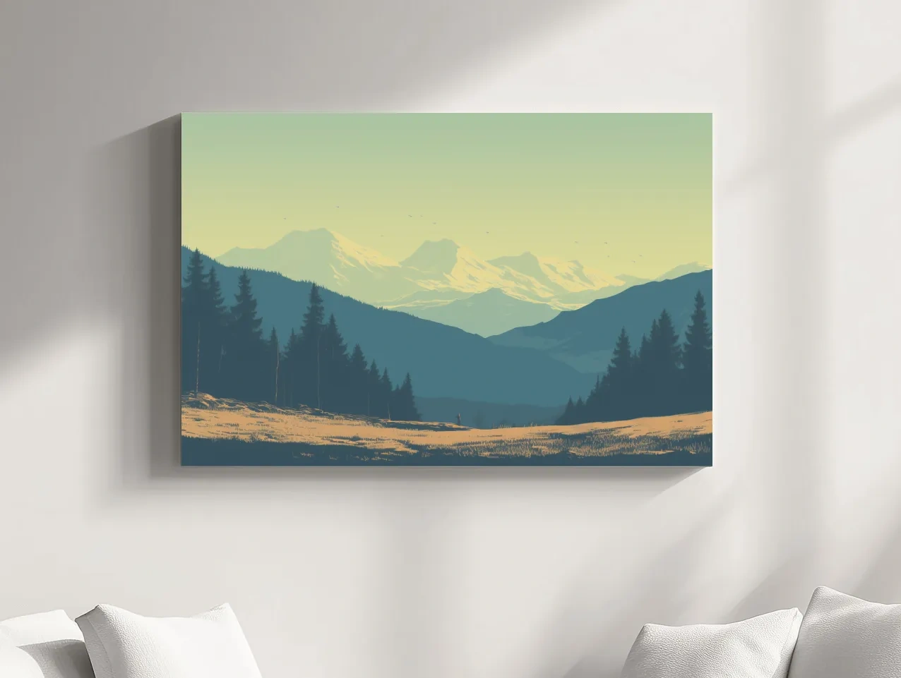 Pacific North West hazy glacier mountain scene, postcard style vector artwork