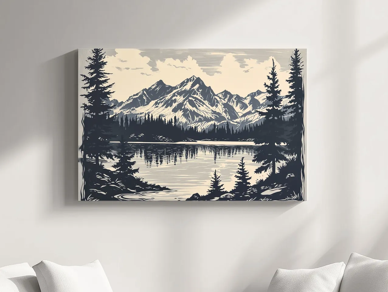 Vintage Alpine Lake Mountain Illustration - Monochrome Linocut Style Artwork