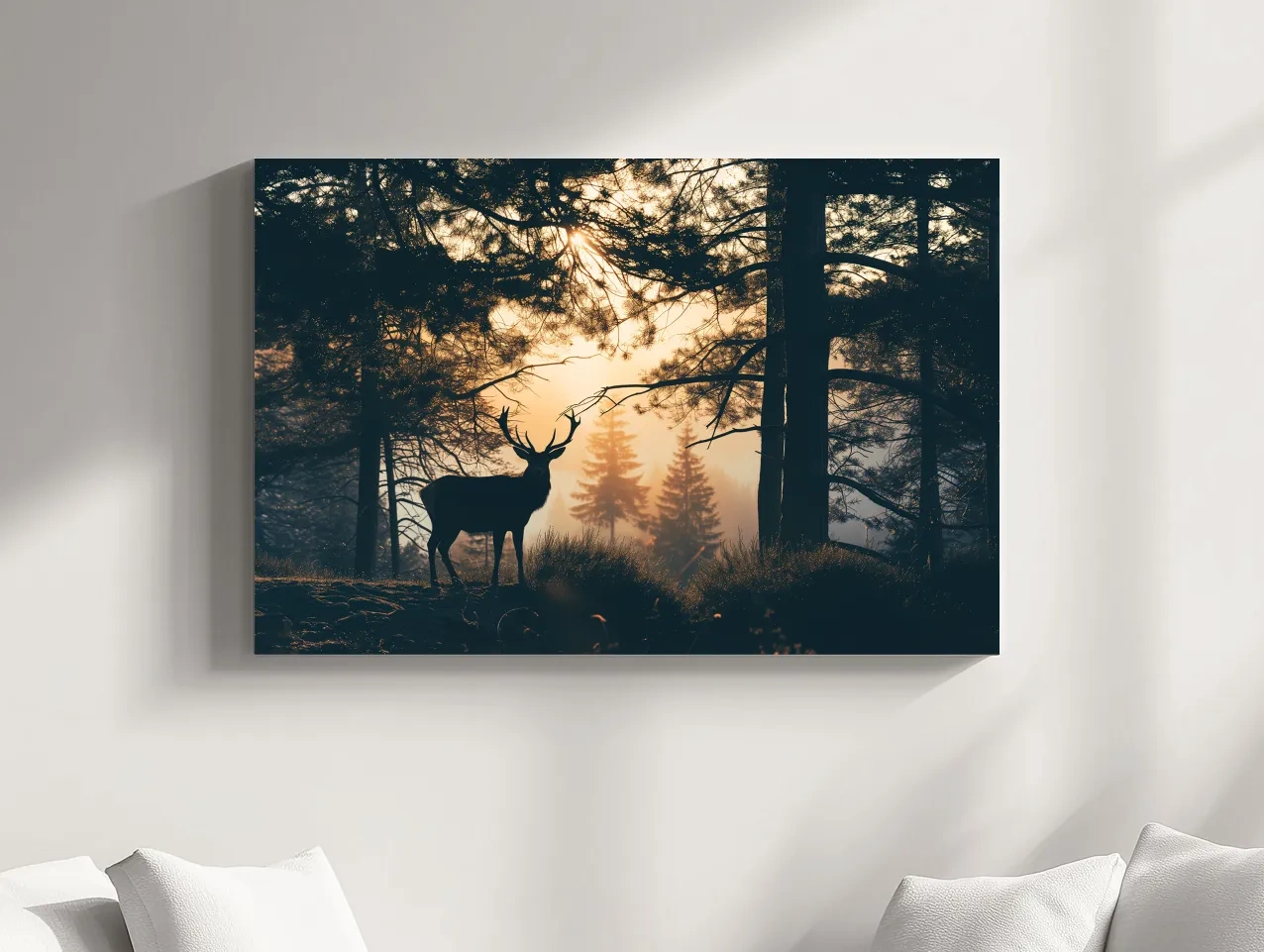 Moody Deer Silhouette In Misty Pine Forest - Golden Sunrise Wildlife Wall Art