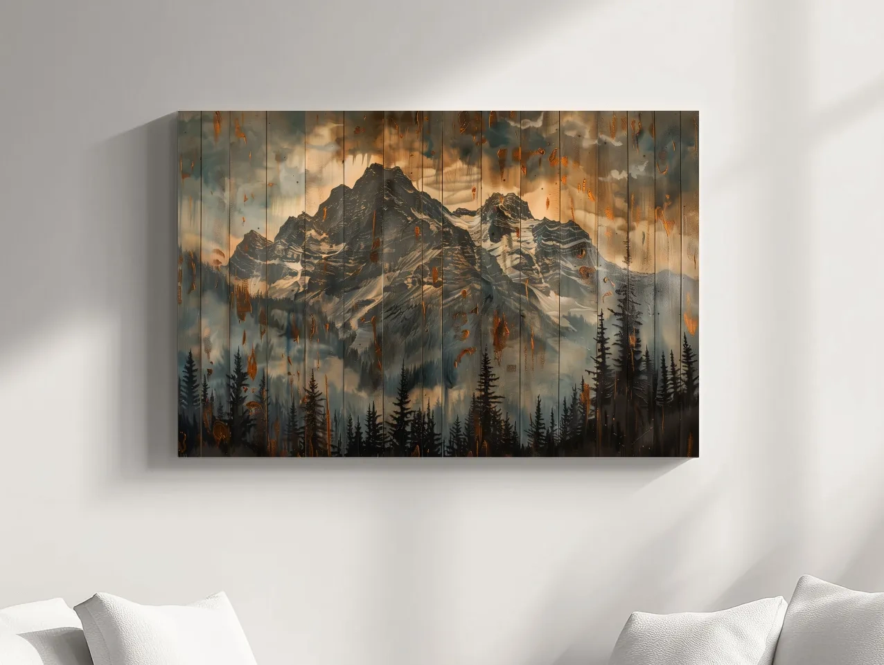 Rustic Mountain Range Painting - Alpine Forest Wood Panel Wall Art