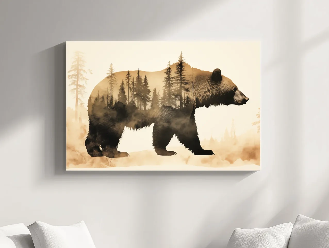Double Exposure Grizzly Bear Forest Silhouette - Misty Wilderness Nature Artwork