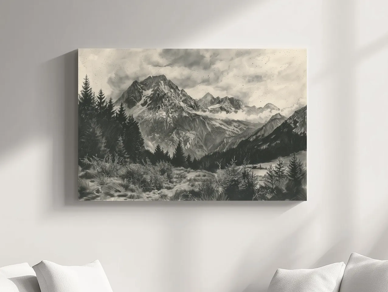 Monochrome Alpine Meadows Mountain Range - Vintage Sketch Landscape Wall Art