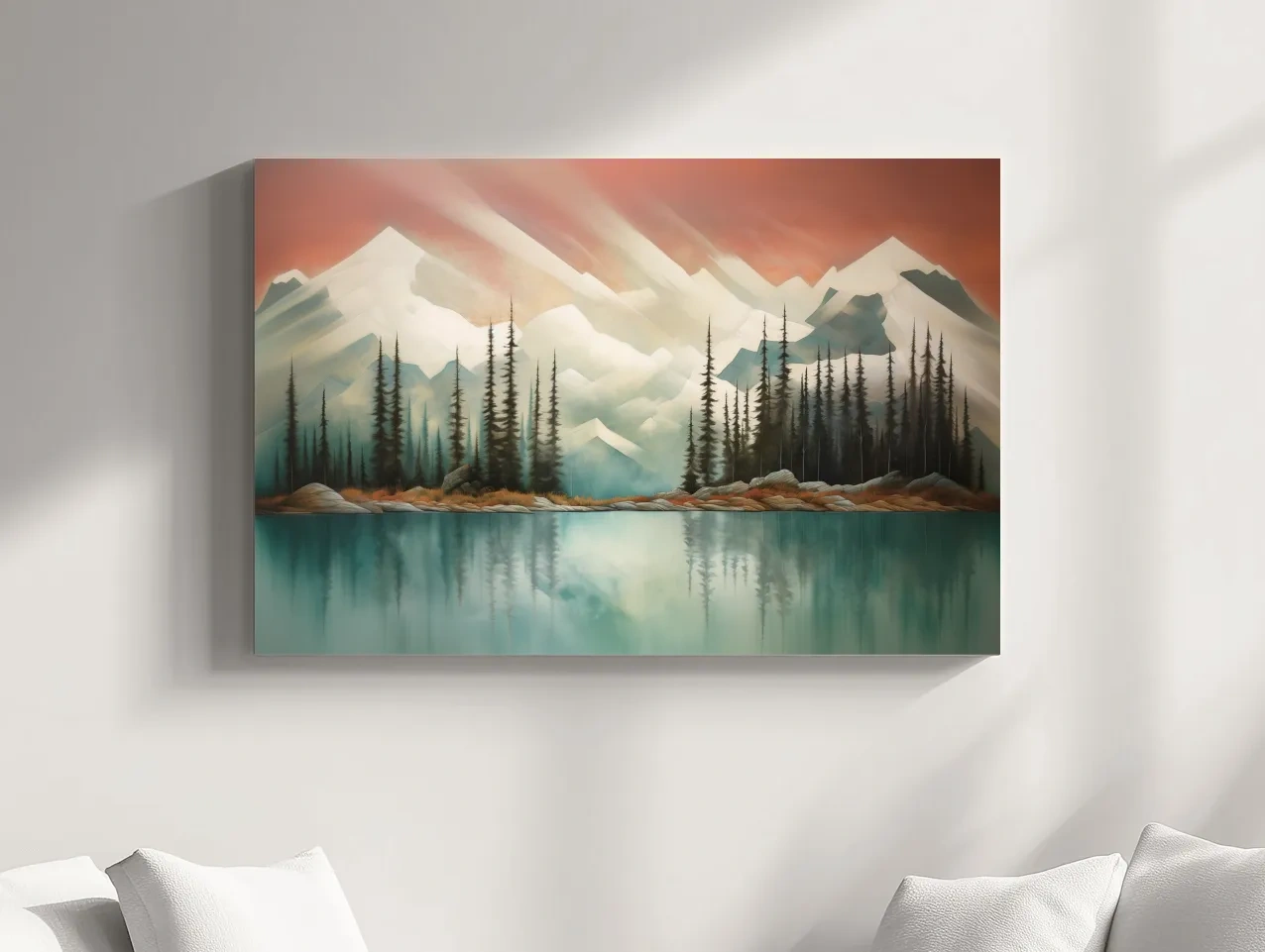 Abstract Alpine Lake Landscape Painting - Serene Pine Forest Mountain Wall Art