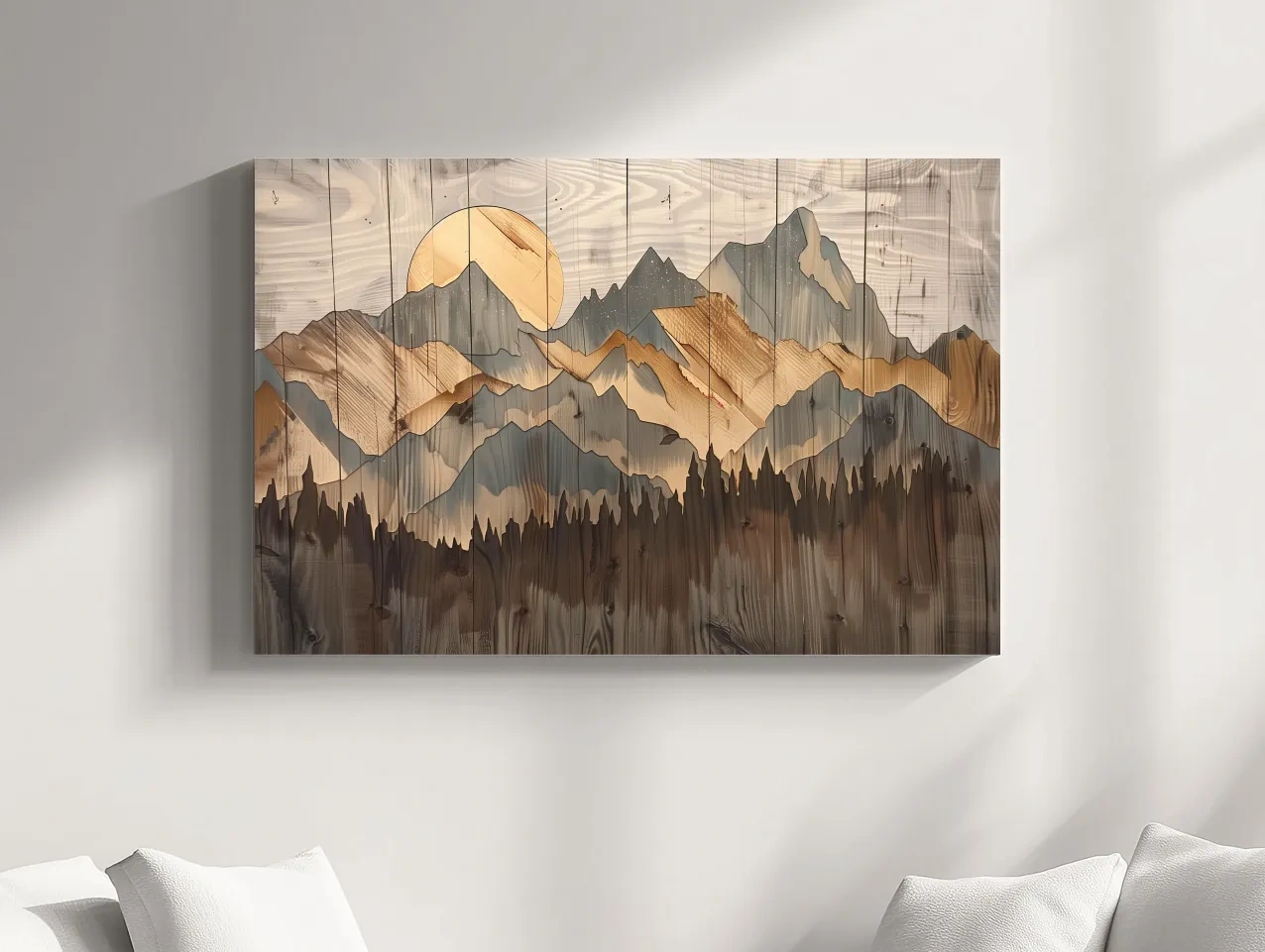 Rustic mountain artwork, painting on wood panel effect