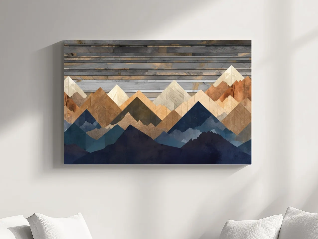 Geometric Layered Mountain Peaks - Rustic Wood Texture Abstract Wall Art