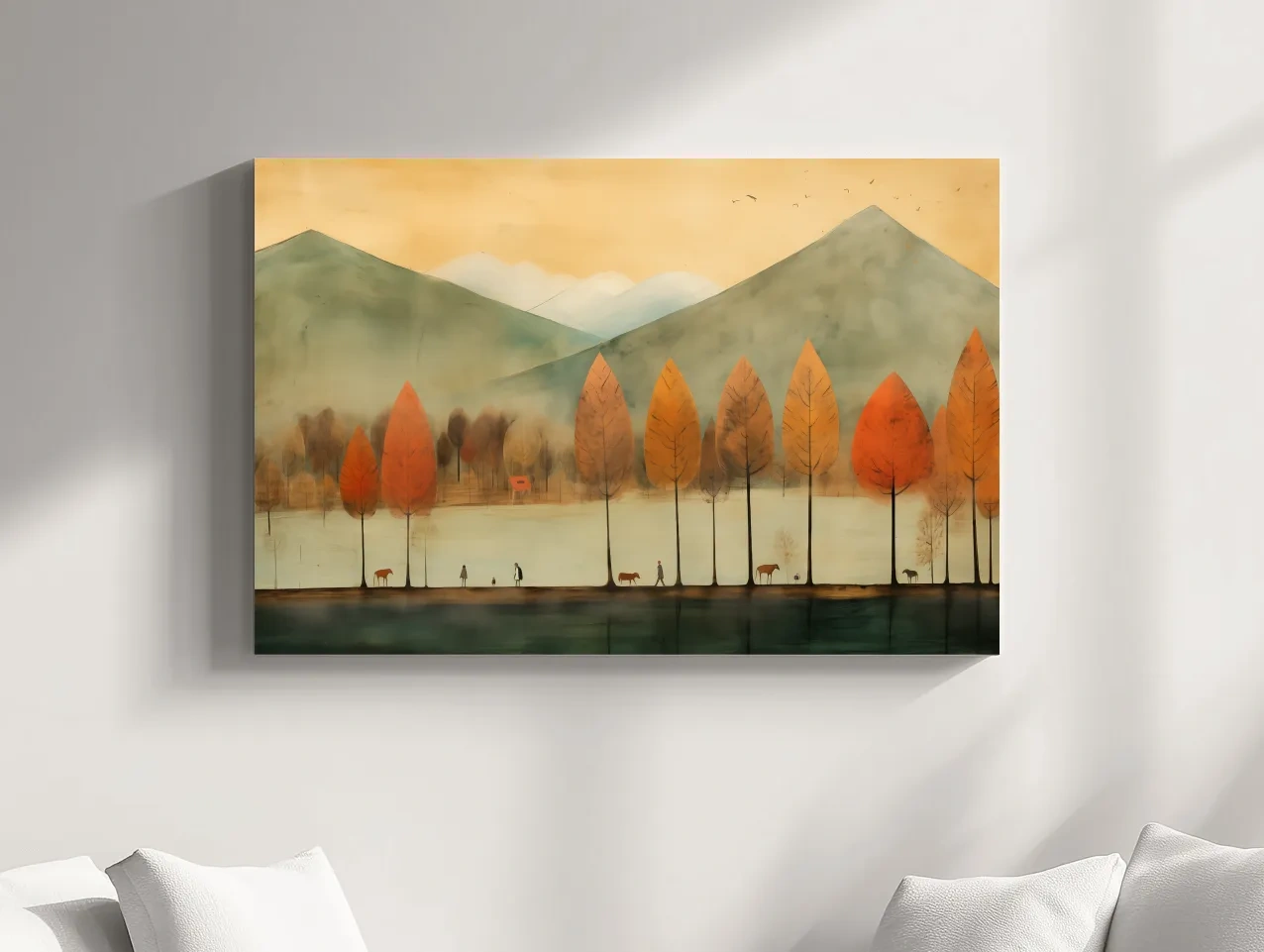 Autumn Tree Lined Lake Landscape - Quirky Watercolor Style Wall Art