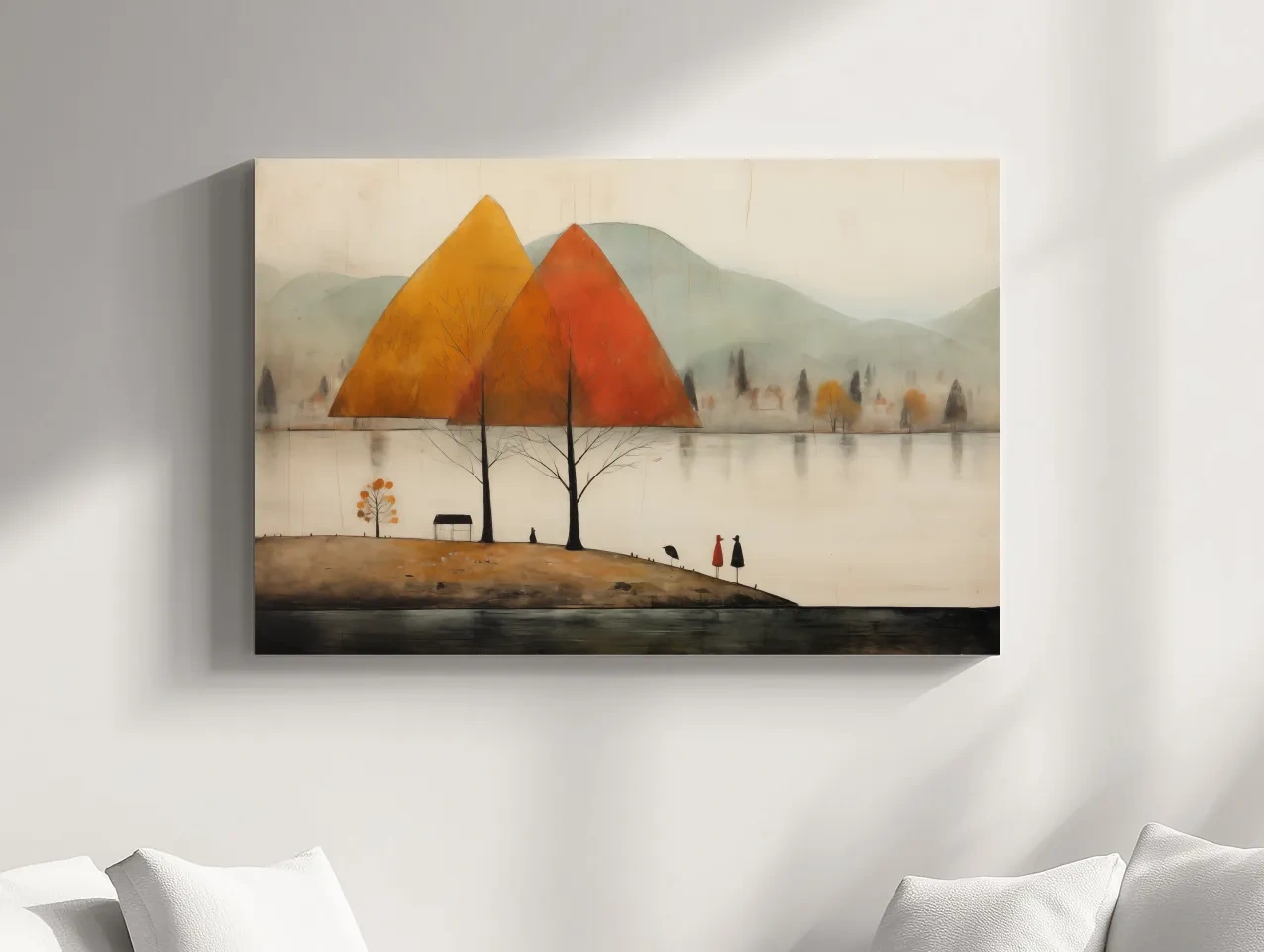 Autumn Mountains Over Misty Lakeside - Quirky Landscape Artwork