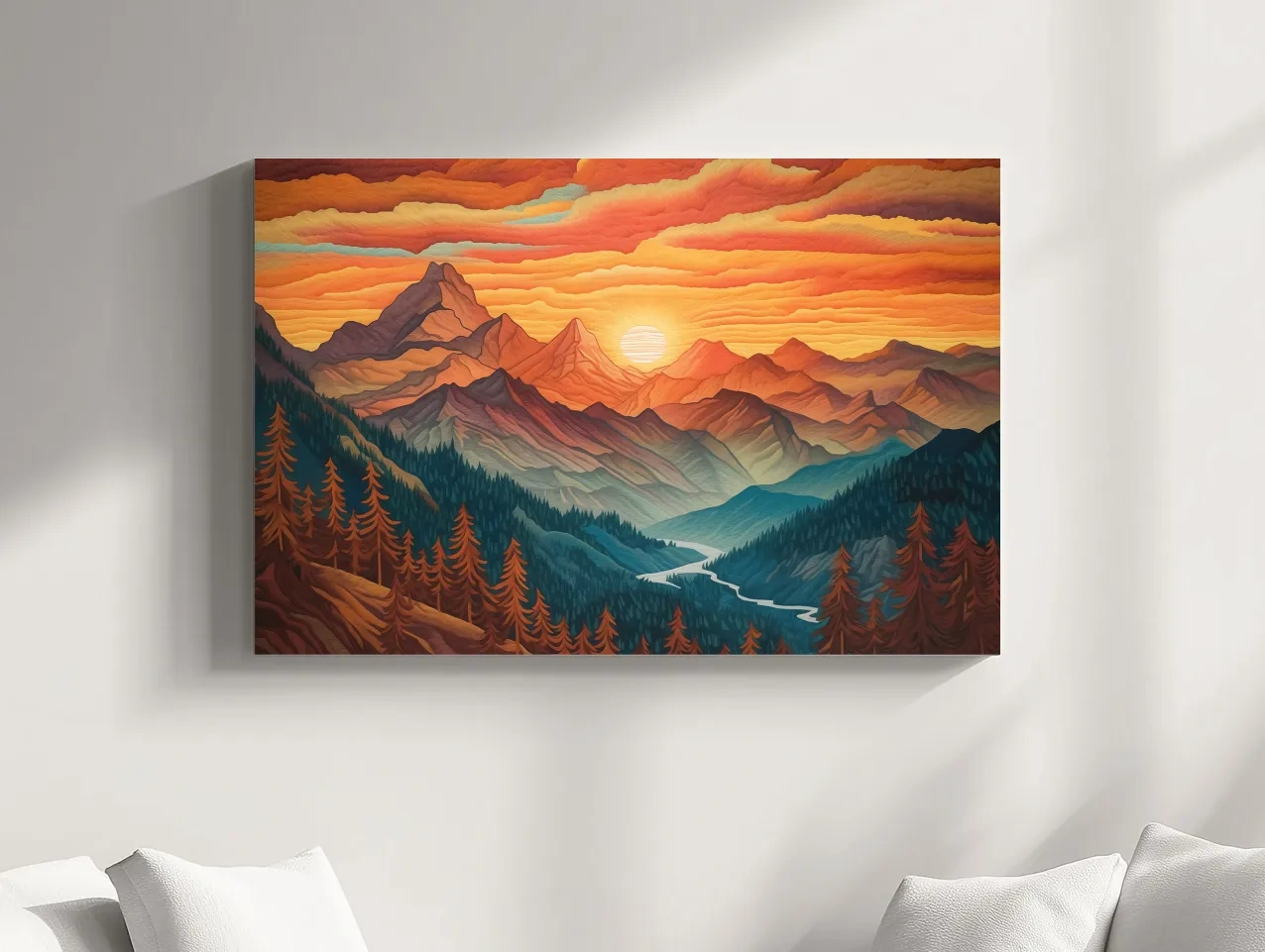Vibrant Sunset Mountain Range Illustration - Layered Alpine Landscape Wall Art