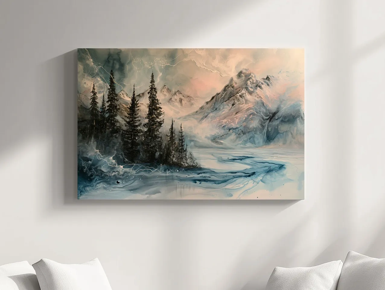 Ethereal Mountain Lake Alpine Forest - Moody Abstract Alcohol Ink Wall Art