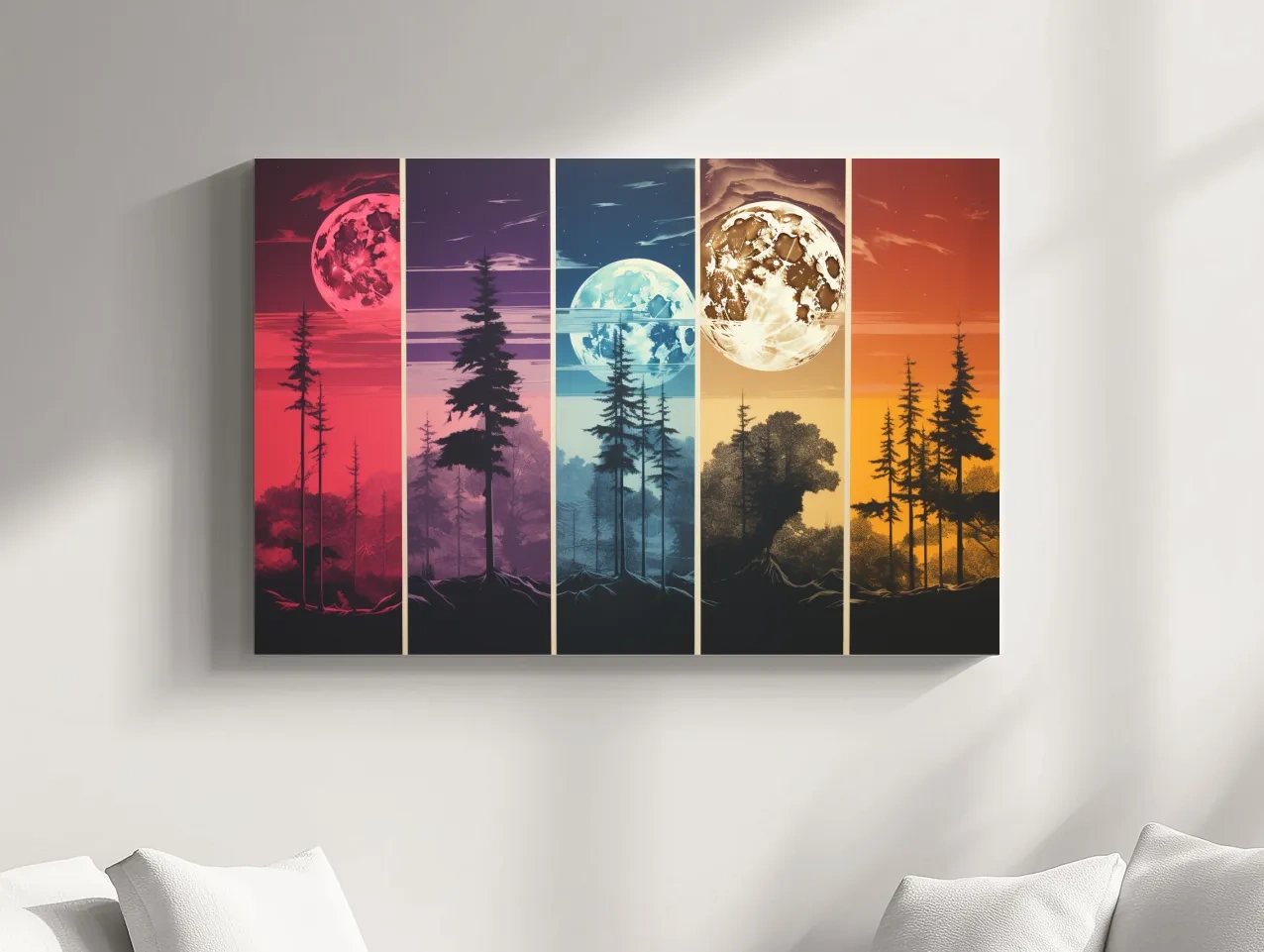 Multipanel colorful treeline under the moonlit sky, risograph style artwork