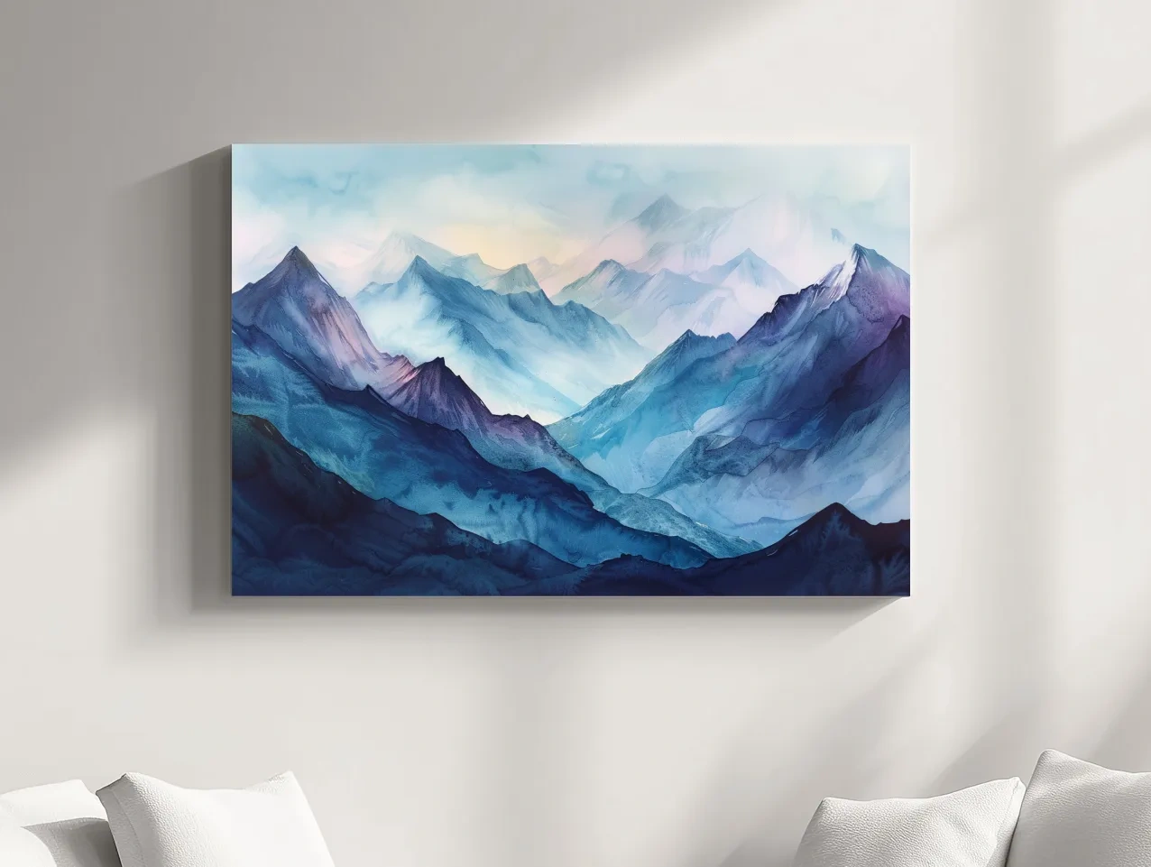 Misty Blue Watercolor Mountain Range Artwork - Serene Colourful Landscape Wall Art