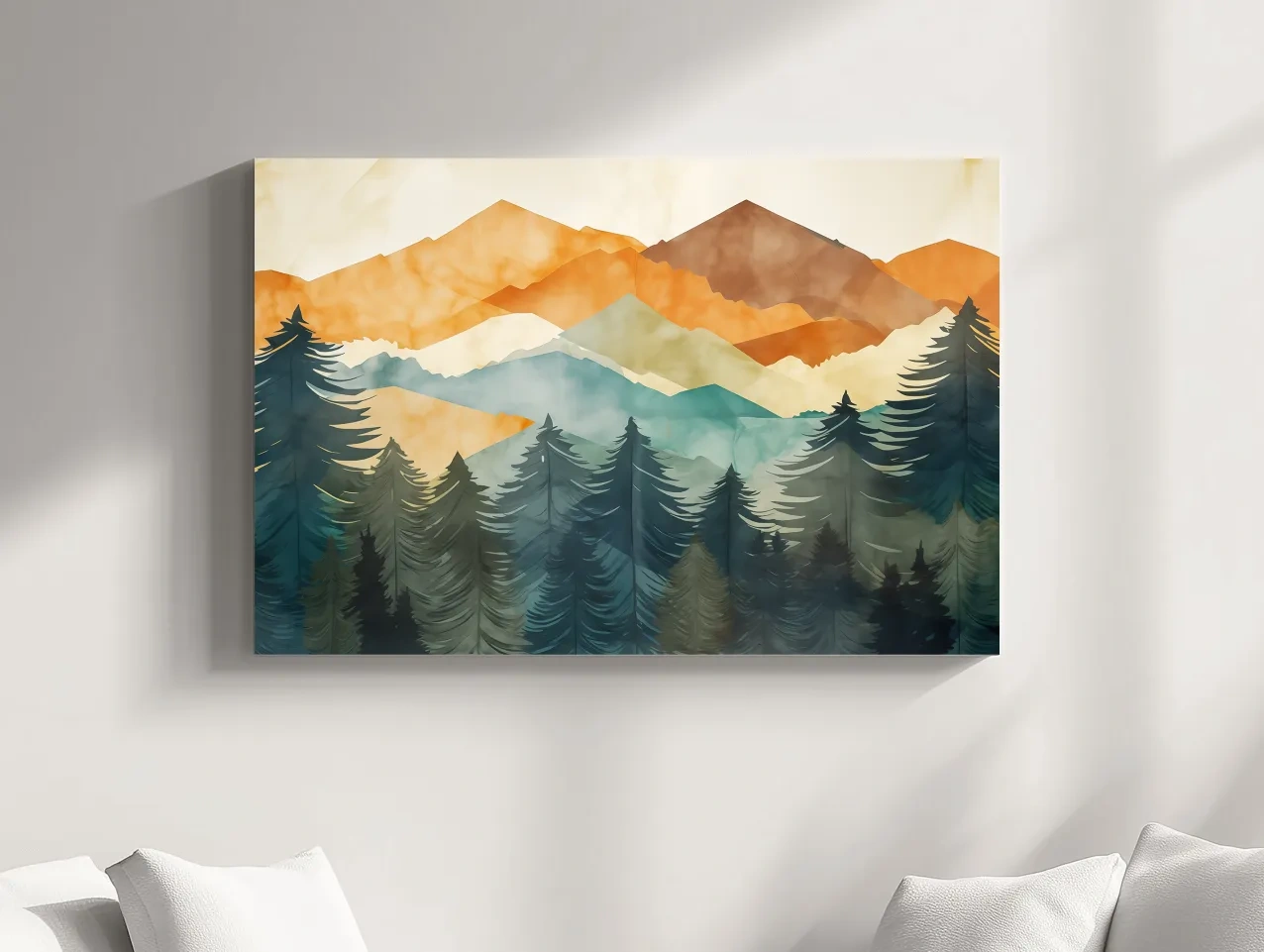 Serene Landscape Painting - Abstract Watercolour Forest & Mountains