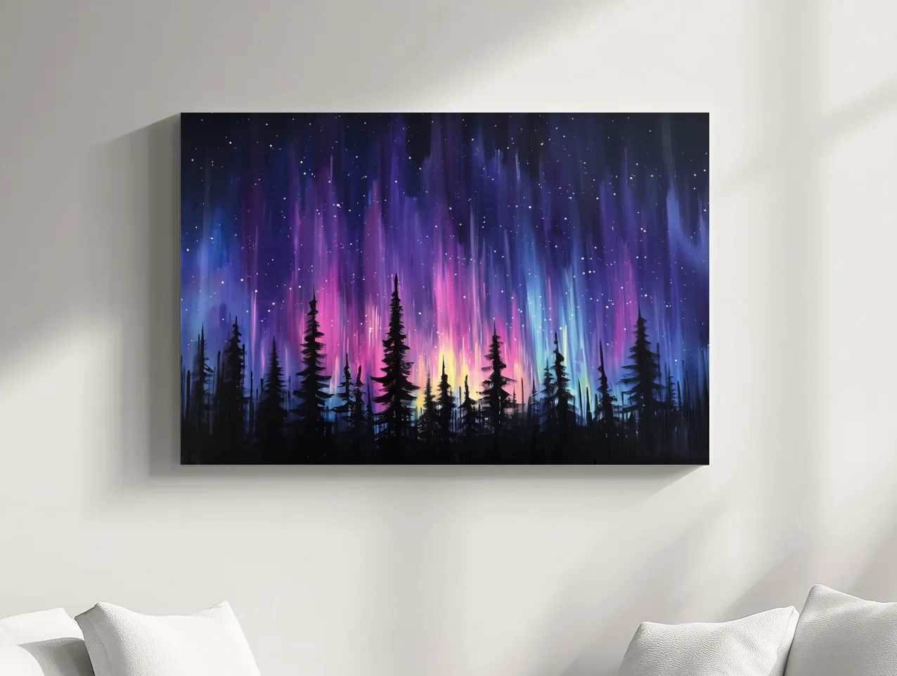 Vibrant Purple Northern Lights & Silhouetted Pine Forest - Aurora Borealis Painting Wall Art