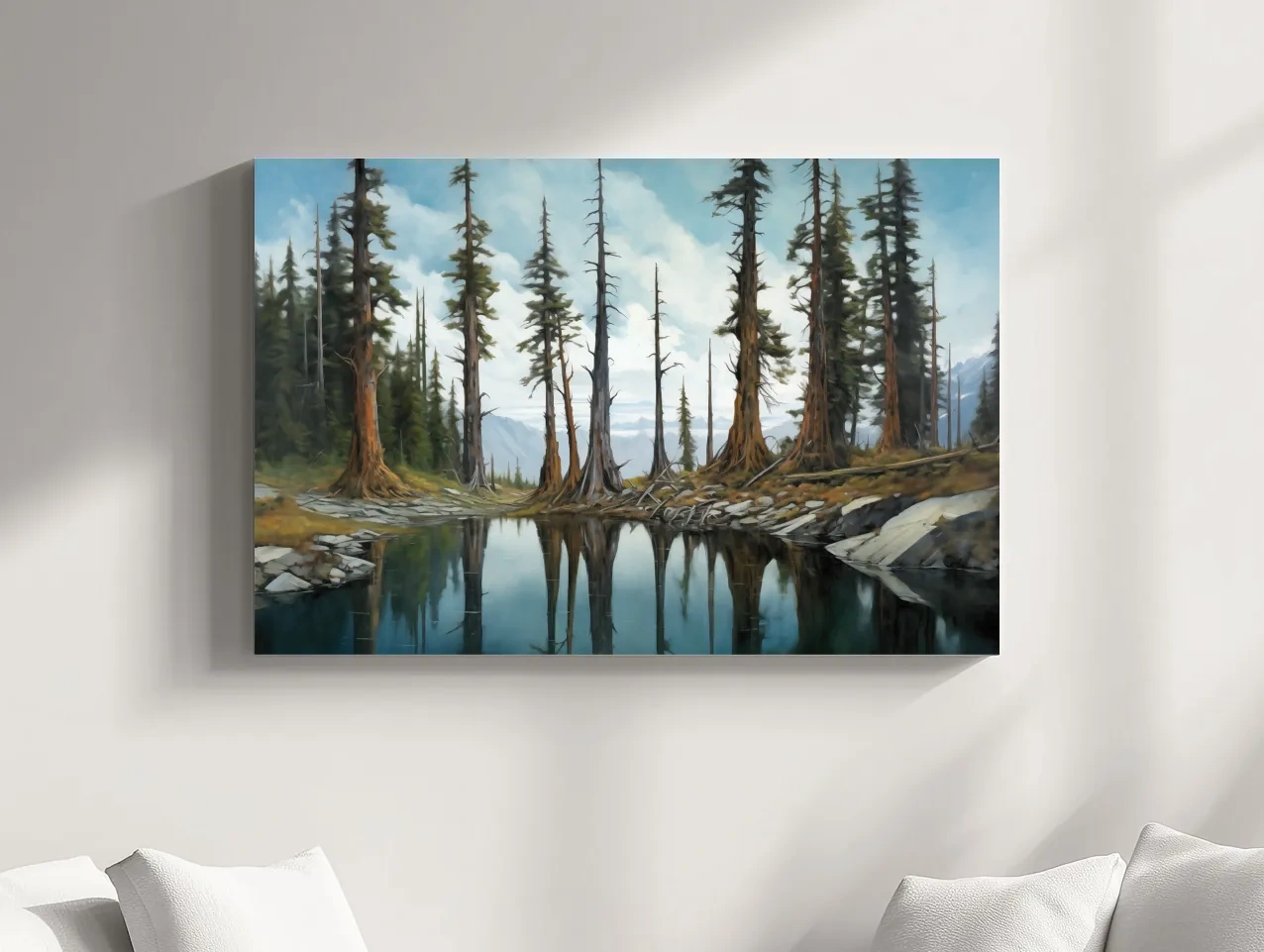 Pine Forest Lake Reflection Painting - Serene Wilderness Landscape Wall Art
