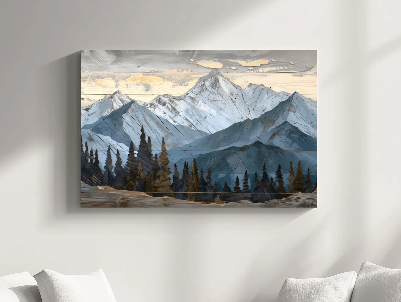 Alpine Forest Mountain Range Artwork - Rustic Woodgrain Landscape Wall Art
