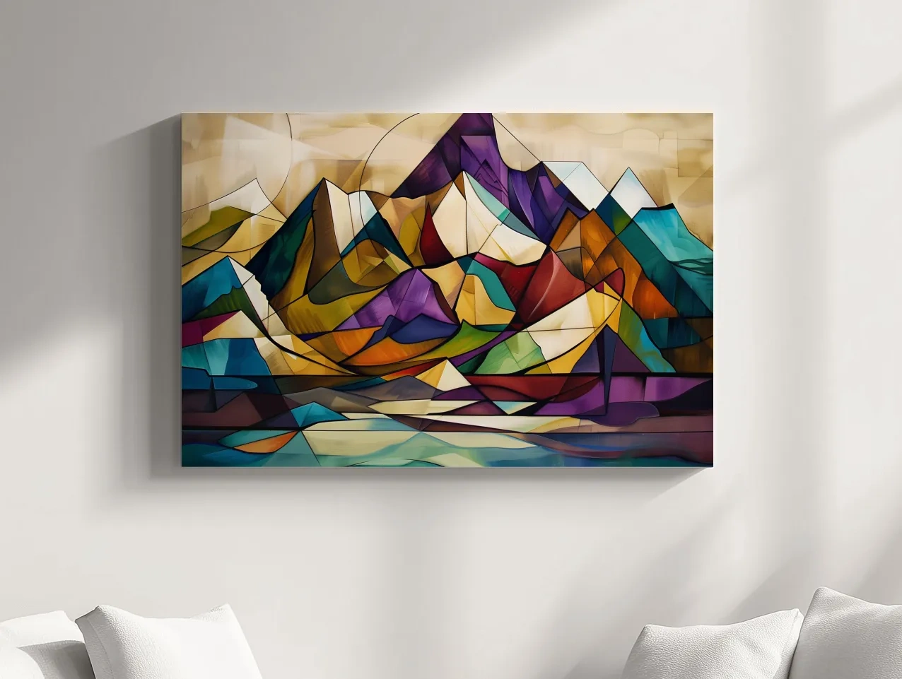 Vibrant Leadlight Style Mountain Range Painting - Abstract Colorful Stained Glass Wall Art
