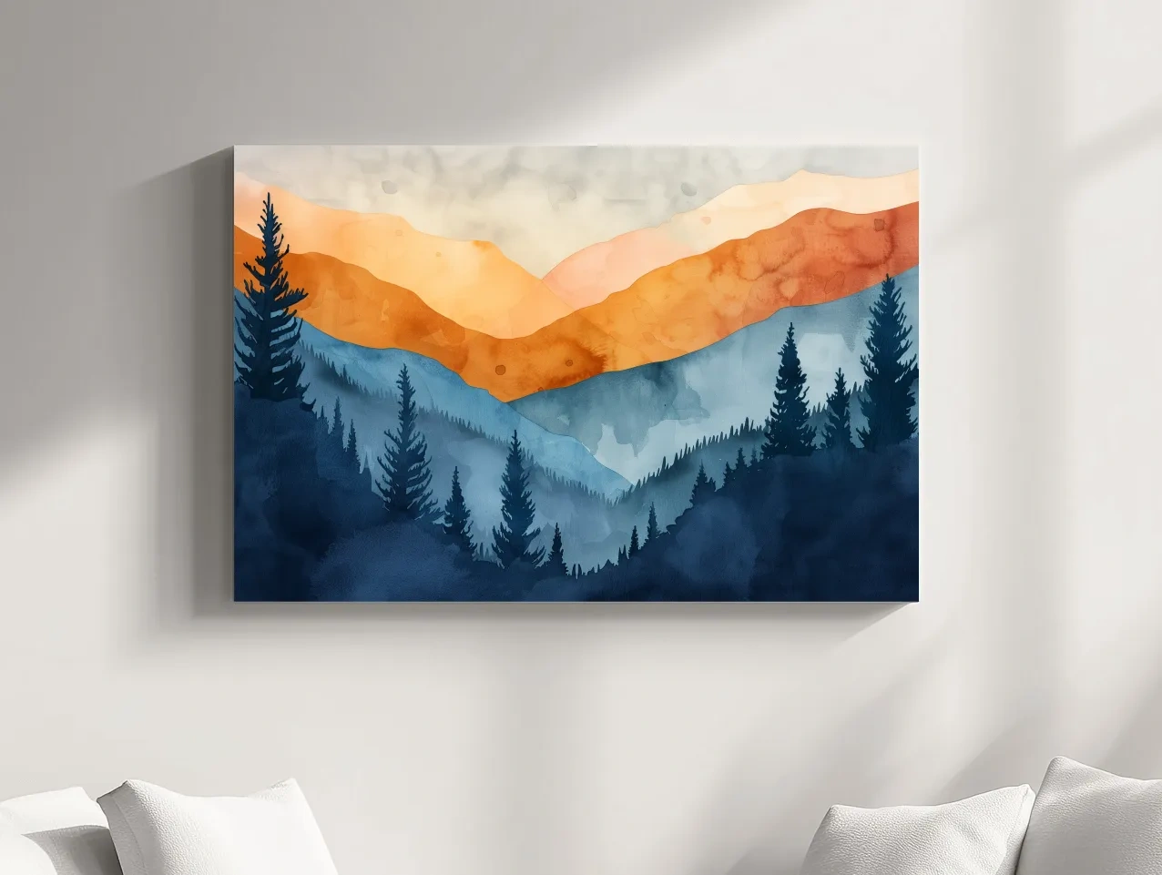 Moody Watercolor Mountain Range Silhouette - Pine Forest Painting Wall Art