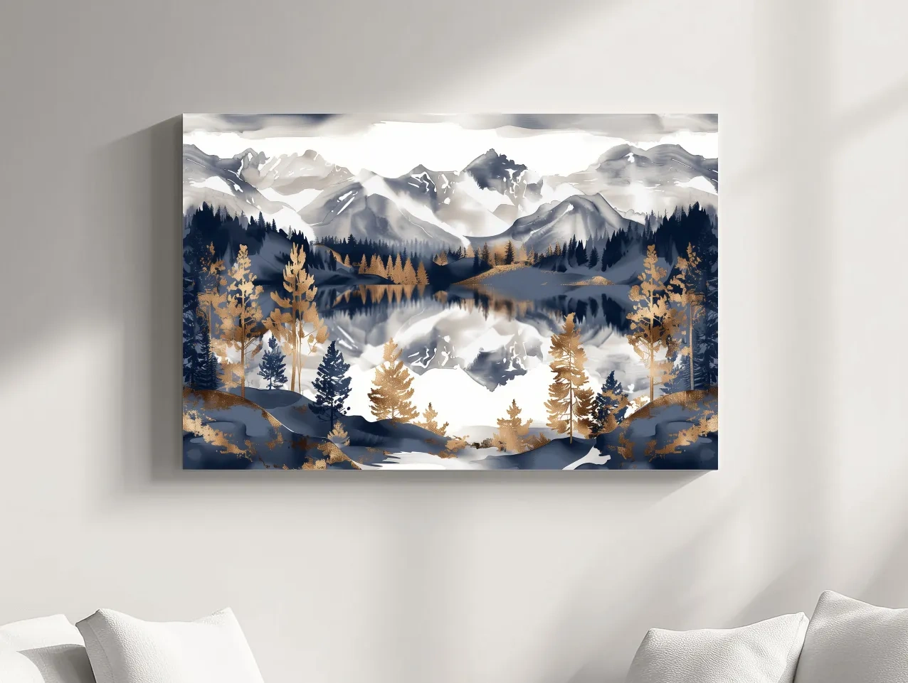 Gold Leaf Style Watercolor Alpine Lake Reflection - Mountain Landscape Artwork