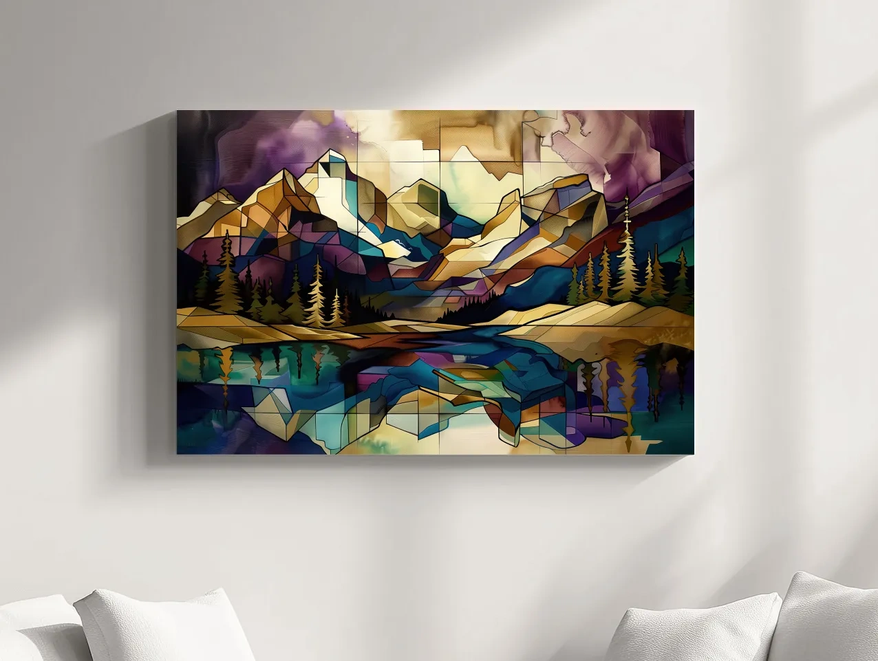 Geometric Stained Glass Mountain Lake Reflection - Colorful Abstract Landscape Artwork