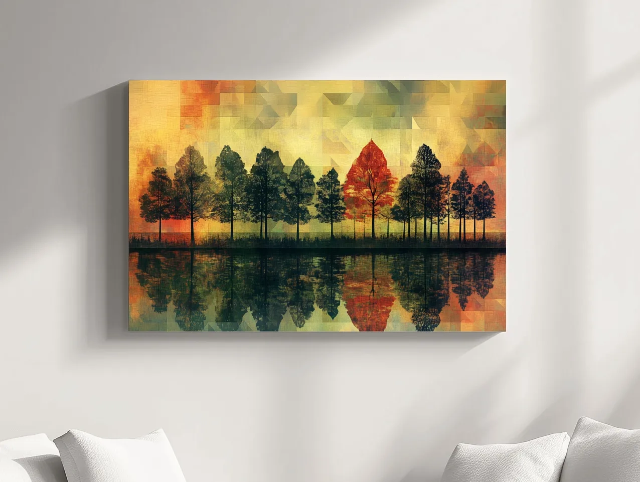 Abstract Geometric Autumn Forest Reflection - Modern Mosaic Landscape Artwork