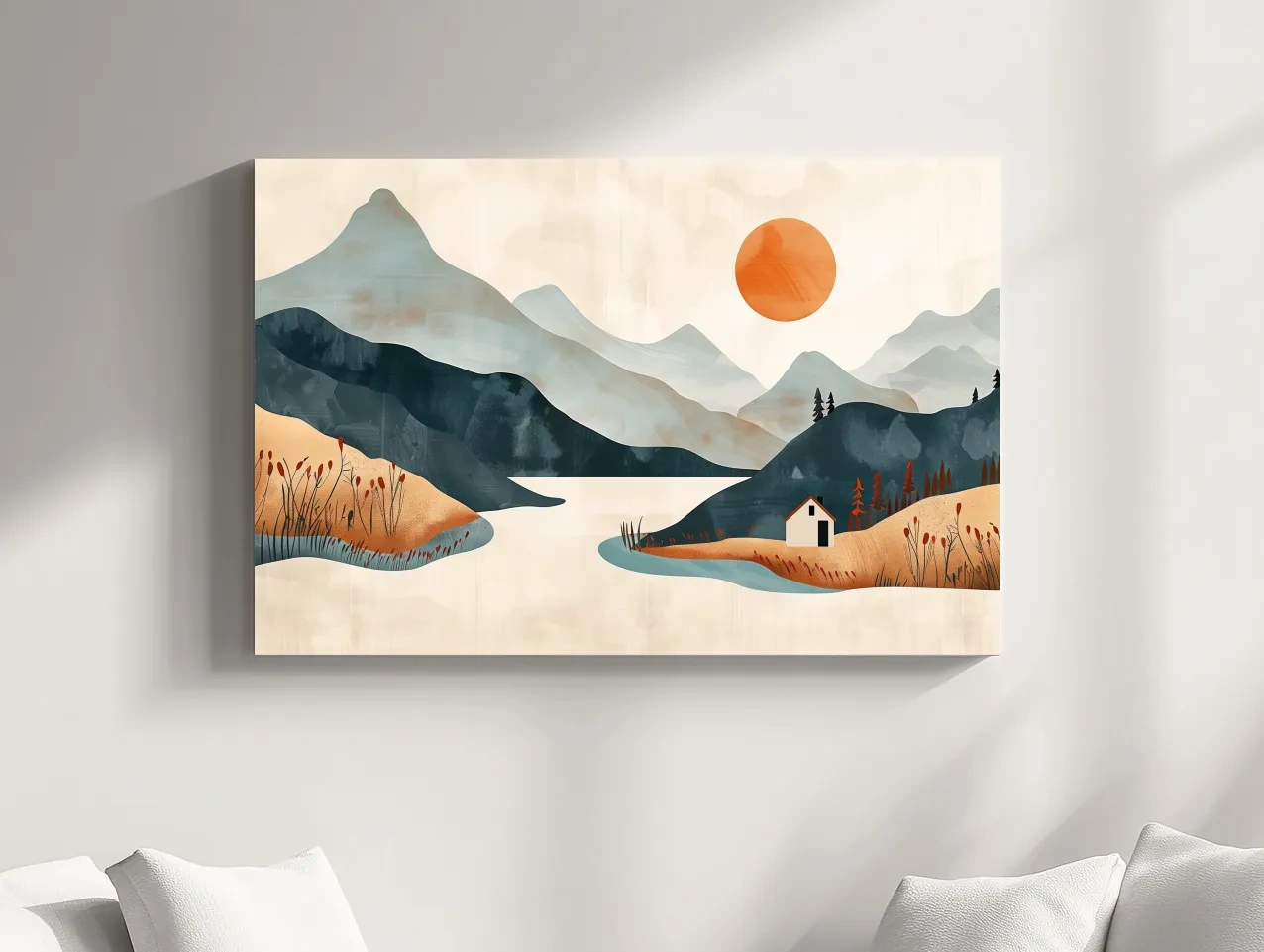 Minimalist Mountain Sunset Lake Cabin Illustration - Modern Scandinavian Wall Art