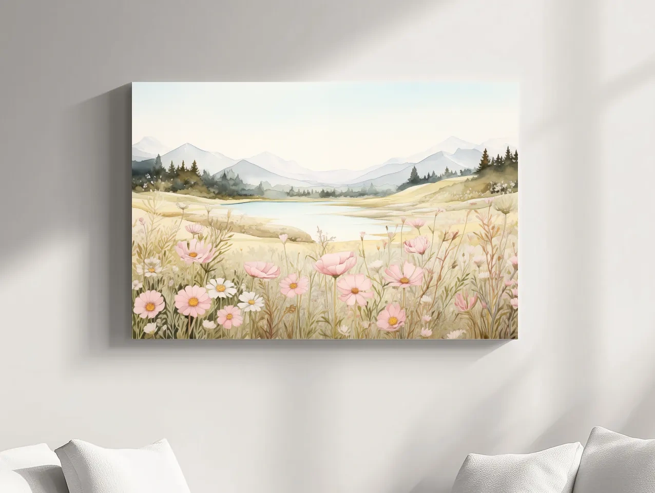 Soft Watercolor Wildflower Meadow Landscape - Serene Pastel Alpine Wall Art