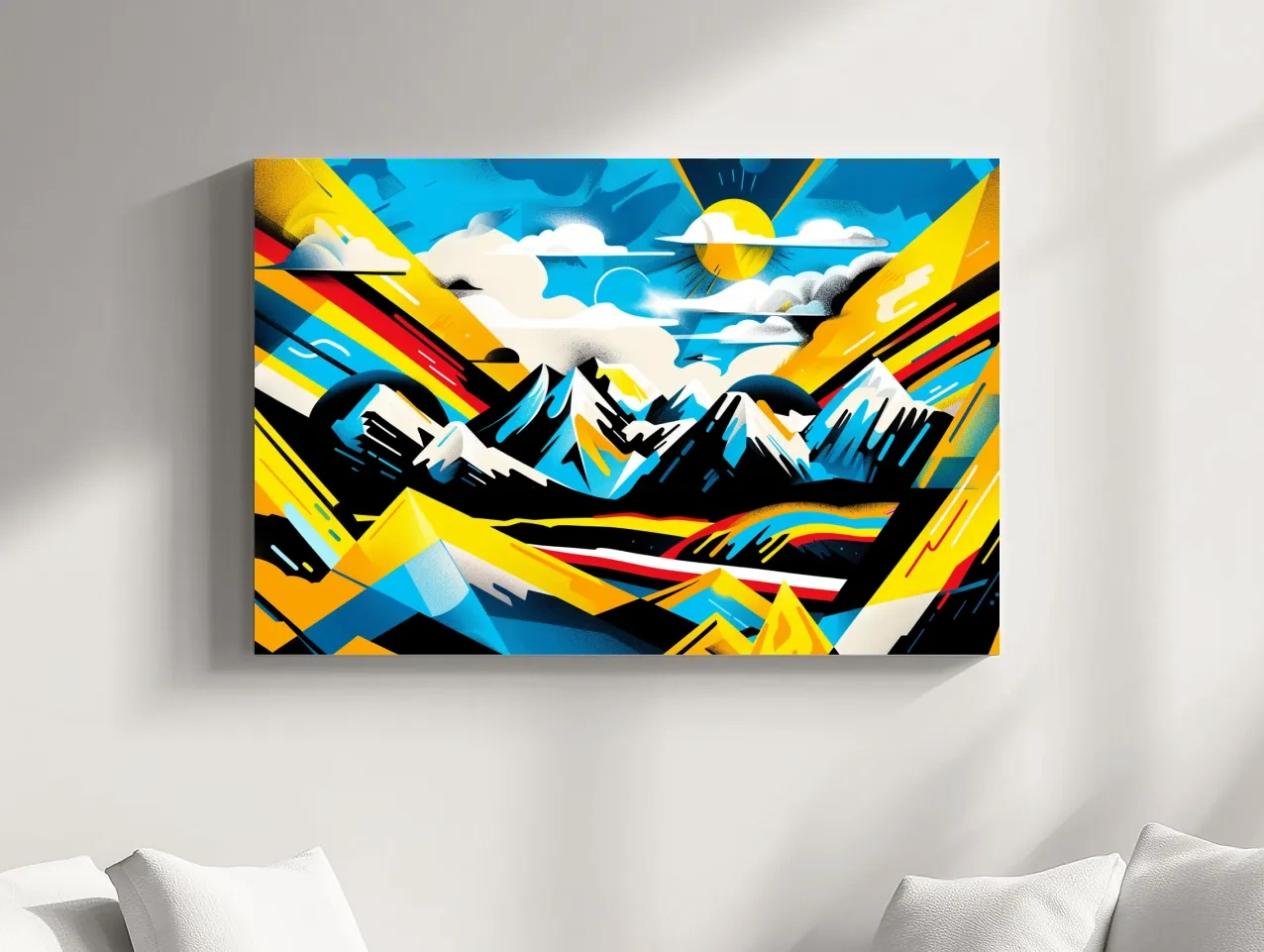 Vibrant Colorful Mountain Sunrise Illustration - Graffiti Style Landscape Wall Art