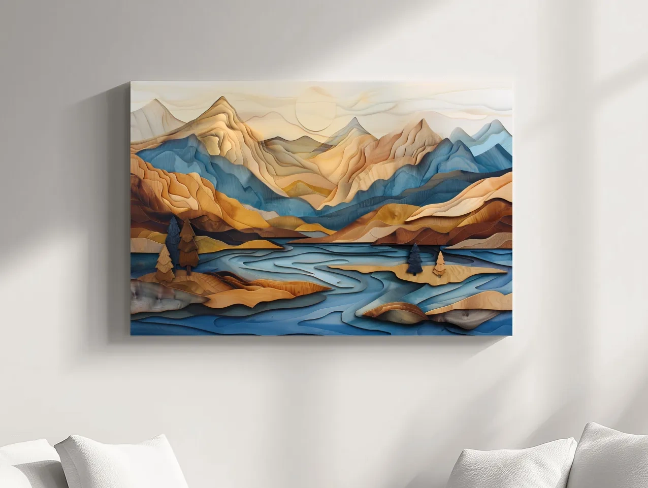 Wood Intarsia Style Alpine Mountain Lake Landscape - Modern Abstract Wall Art