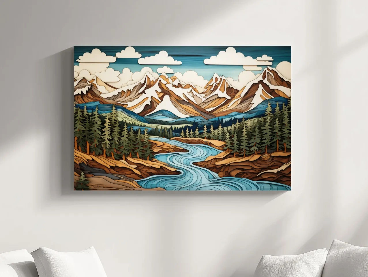 Intarsia Style Mountain River Landscape - Rustic Alpine Forest Artwork