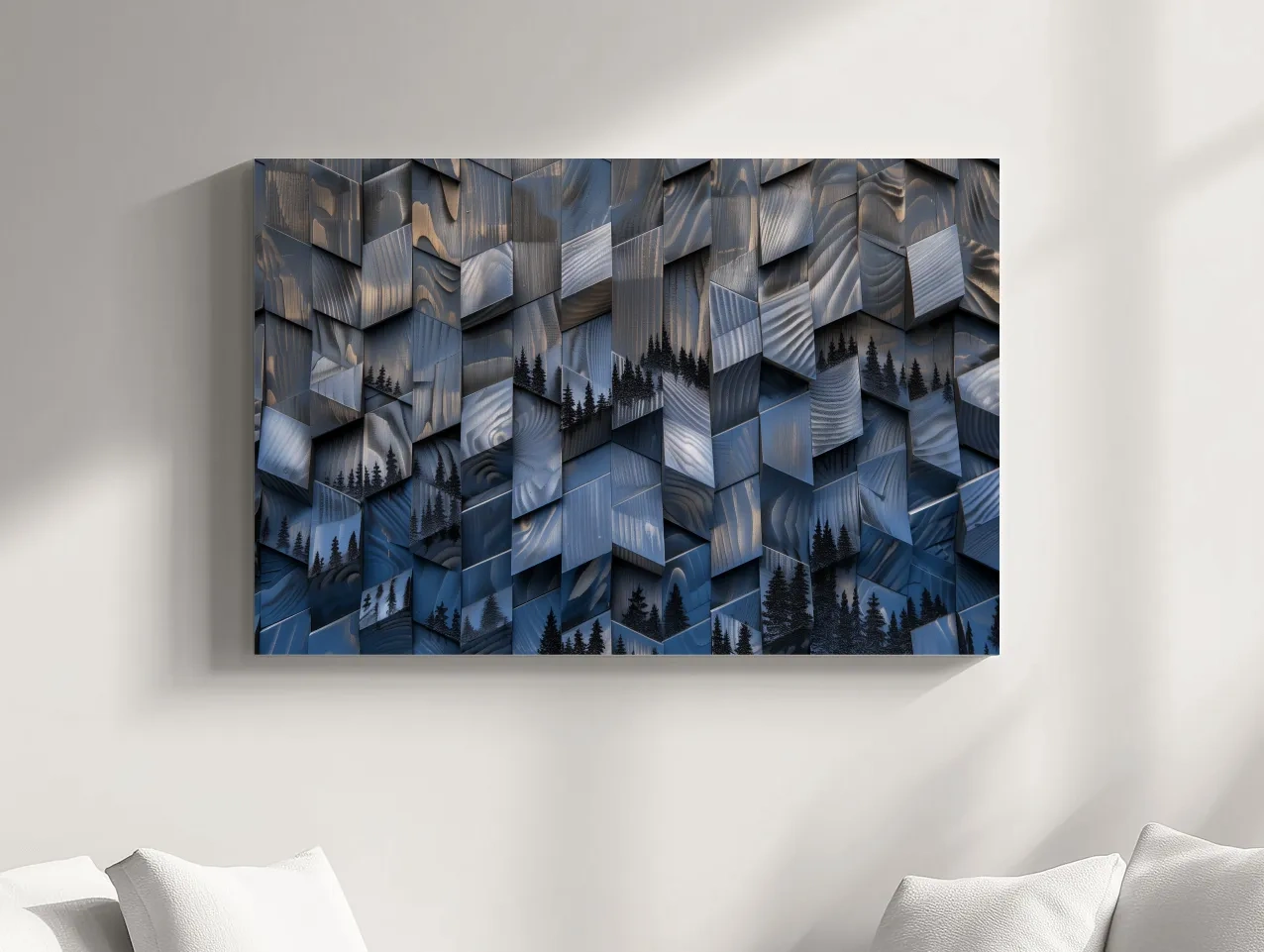 Wood Block Mountain Forest Collage - 3D Effect Abstract Landscape Wall Art