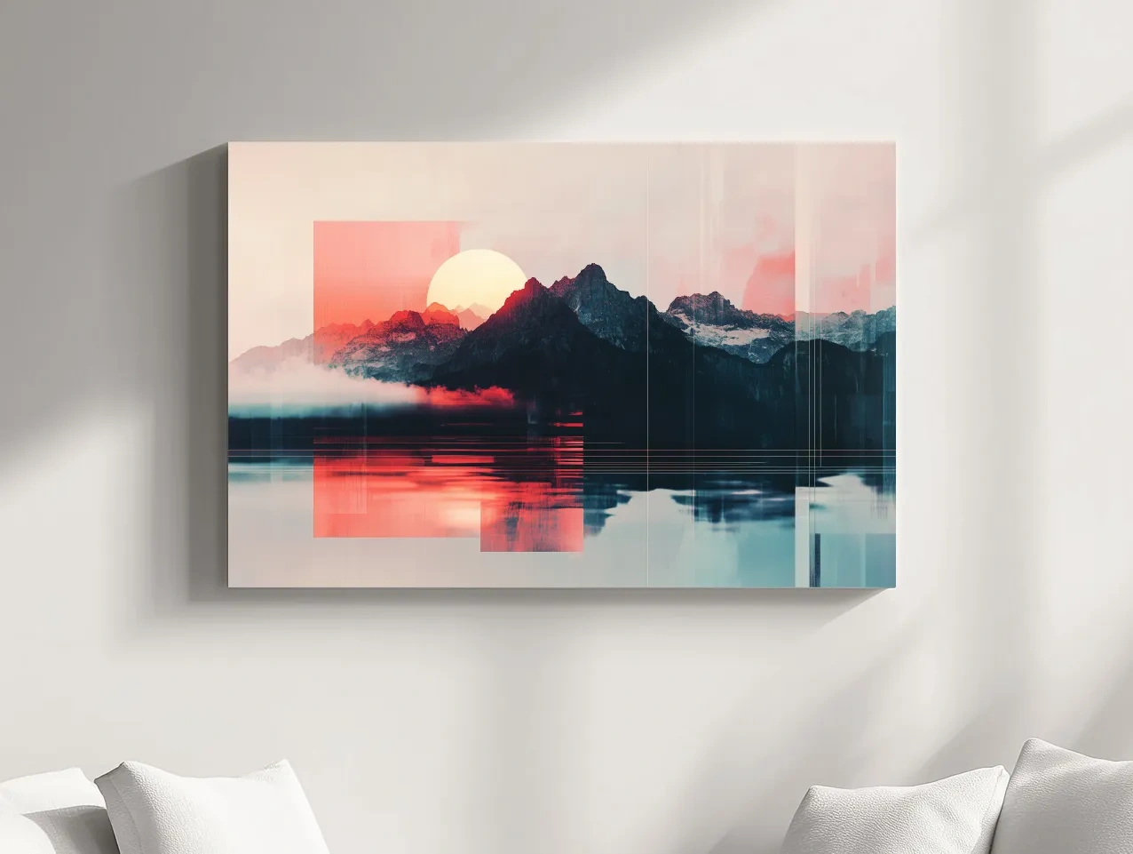 Abstract Alpine Mountain Sunset Reflection - Modern Geometric Glitch Wall Art