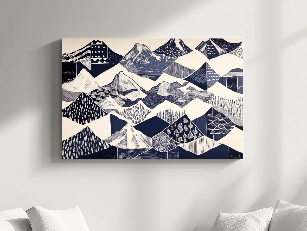 Linocut Patchwork Mountain Range Illustration - Modern Landscape Artwork