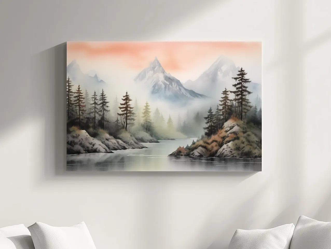 Misty Watercolor Mountain Lake Landscape - Serene Pine Forest Wall Art