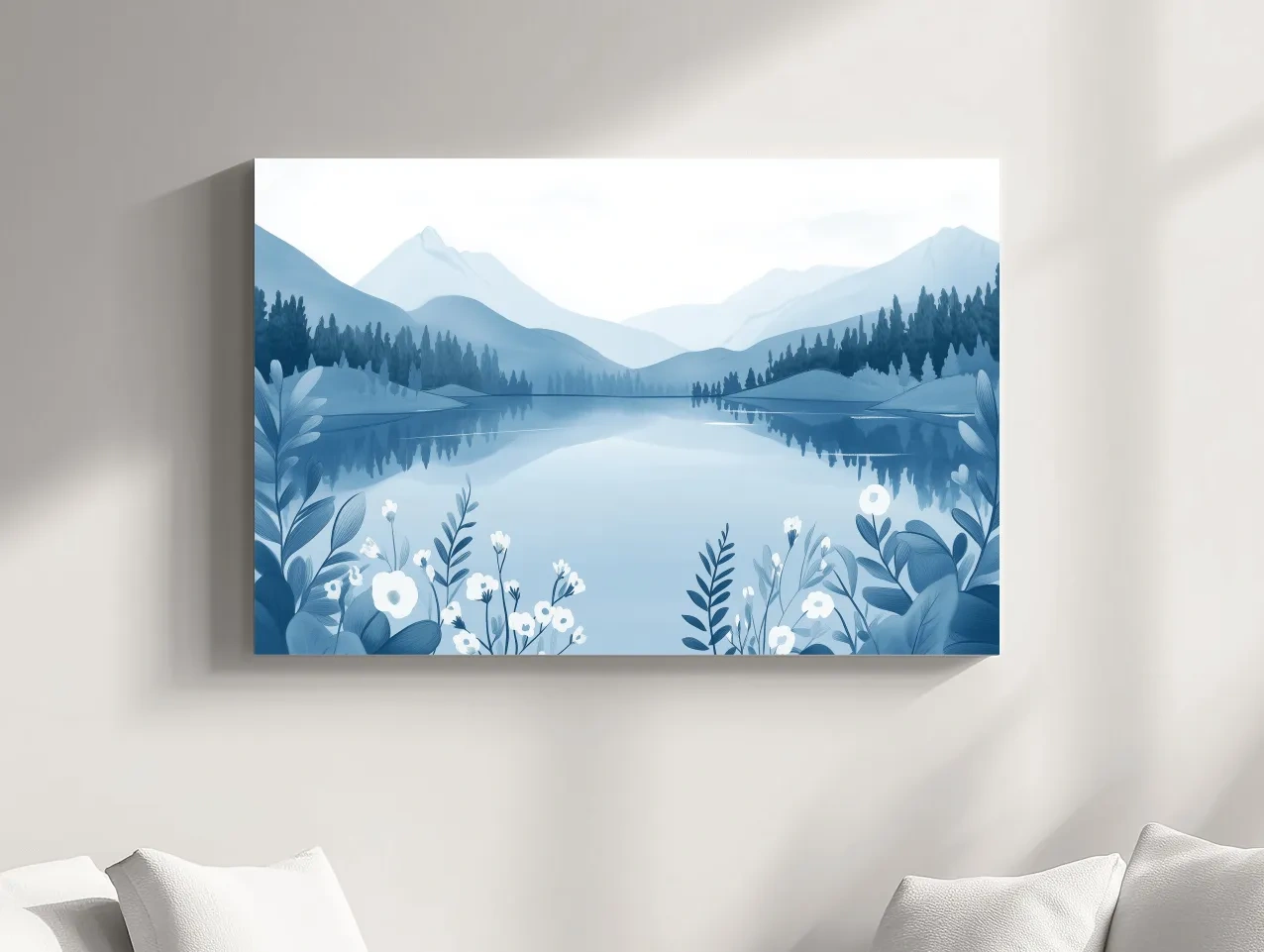 Serene Mountain Lake Illustration - Minimalist Alpine Landscape Wall Art