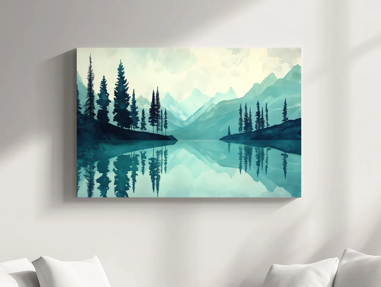 Treelined Alpine Lake Reflection - Watercolor Forest Wall Art