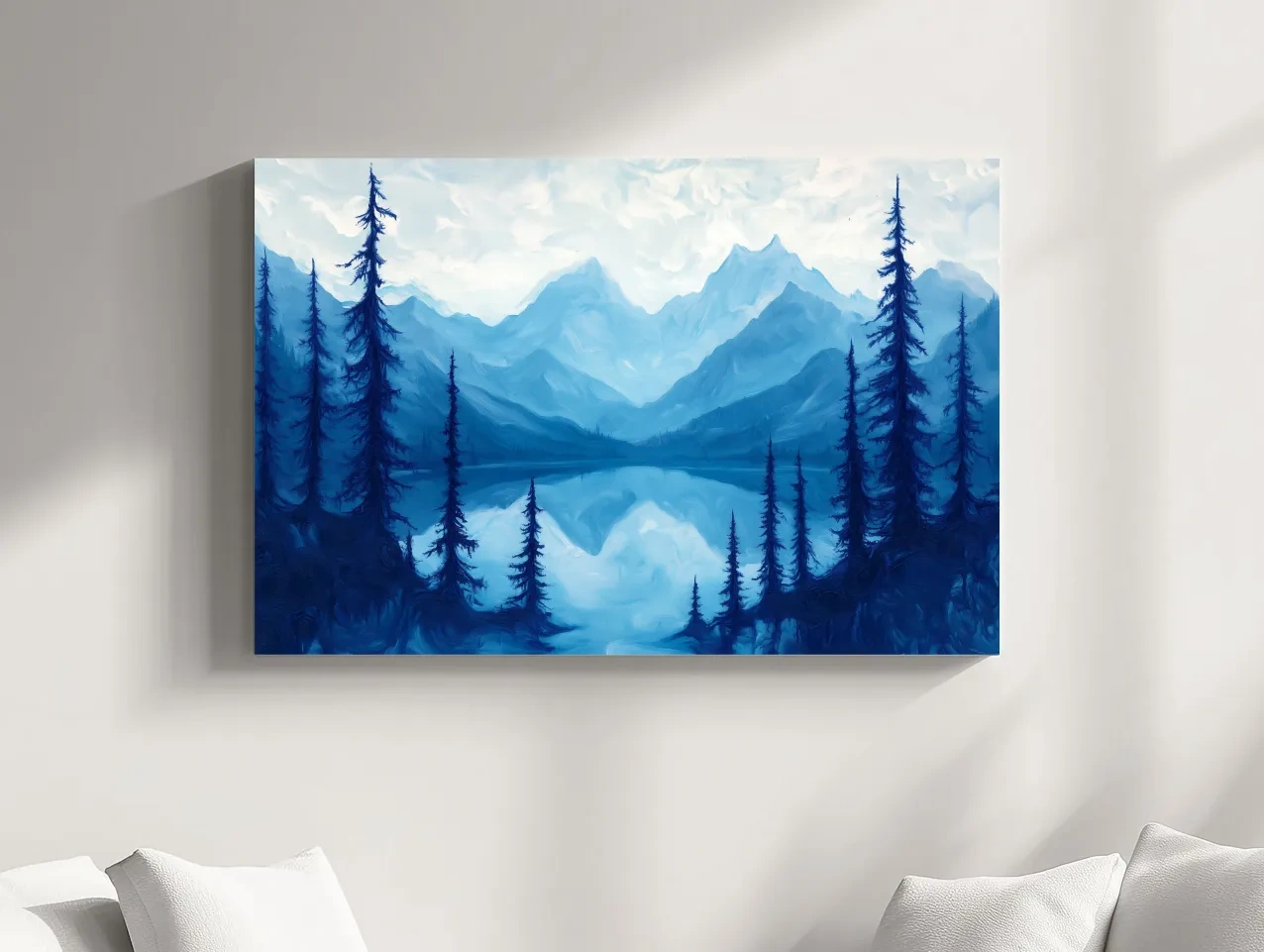 Oil painting artwork, view over an alpine lake in the mountains